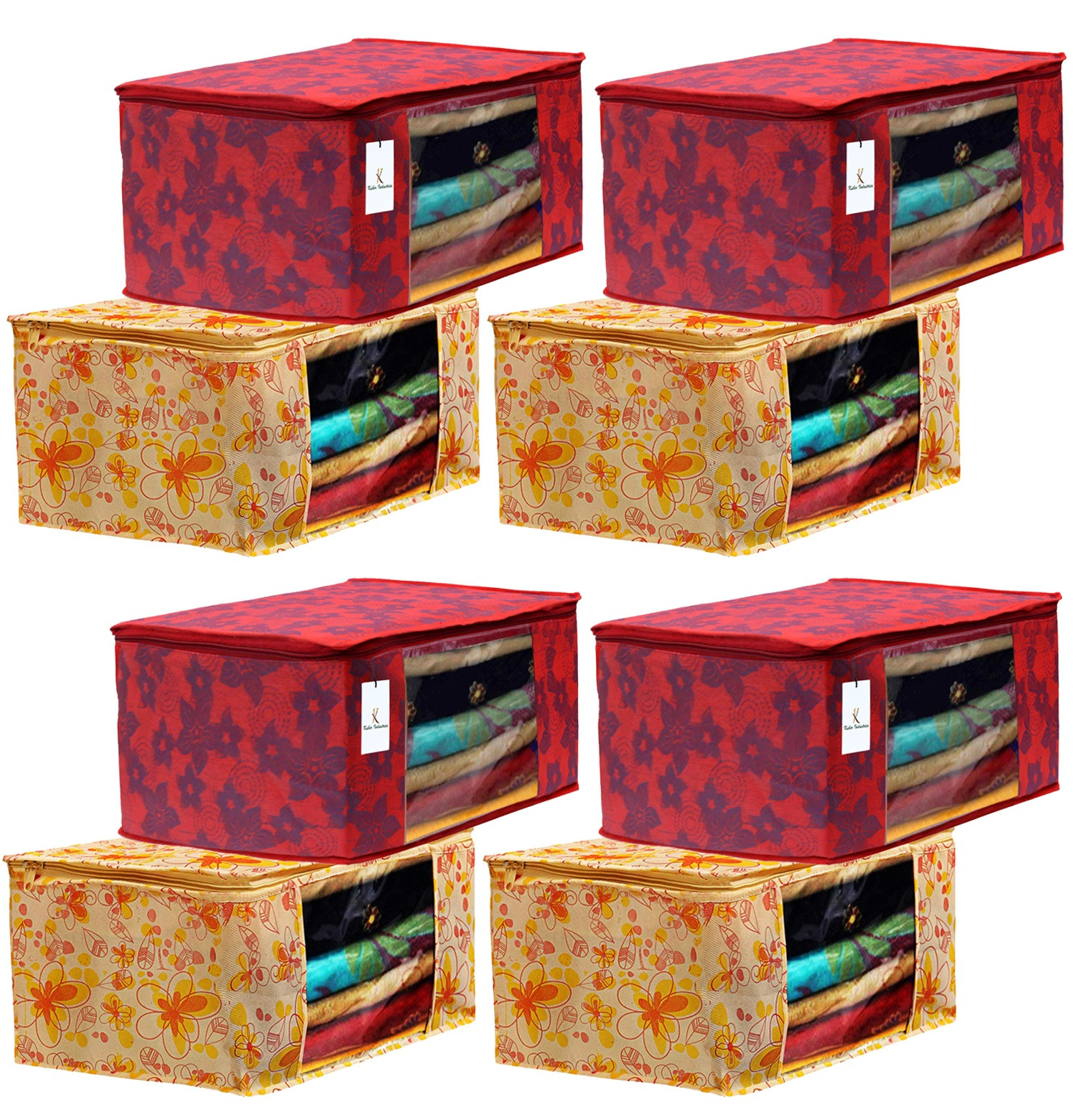 Kuber Industries Metalic Printed Non Woven Fabric Saree Cover Set with Transparent Window, Extra Large, Ivory Red & Red -CTKTC40769