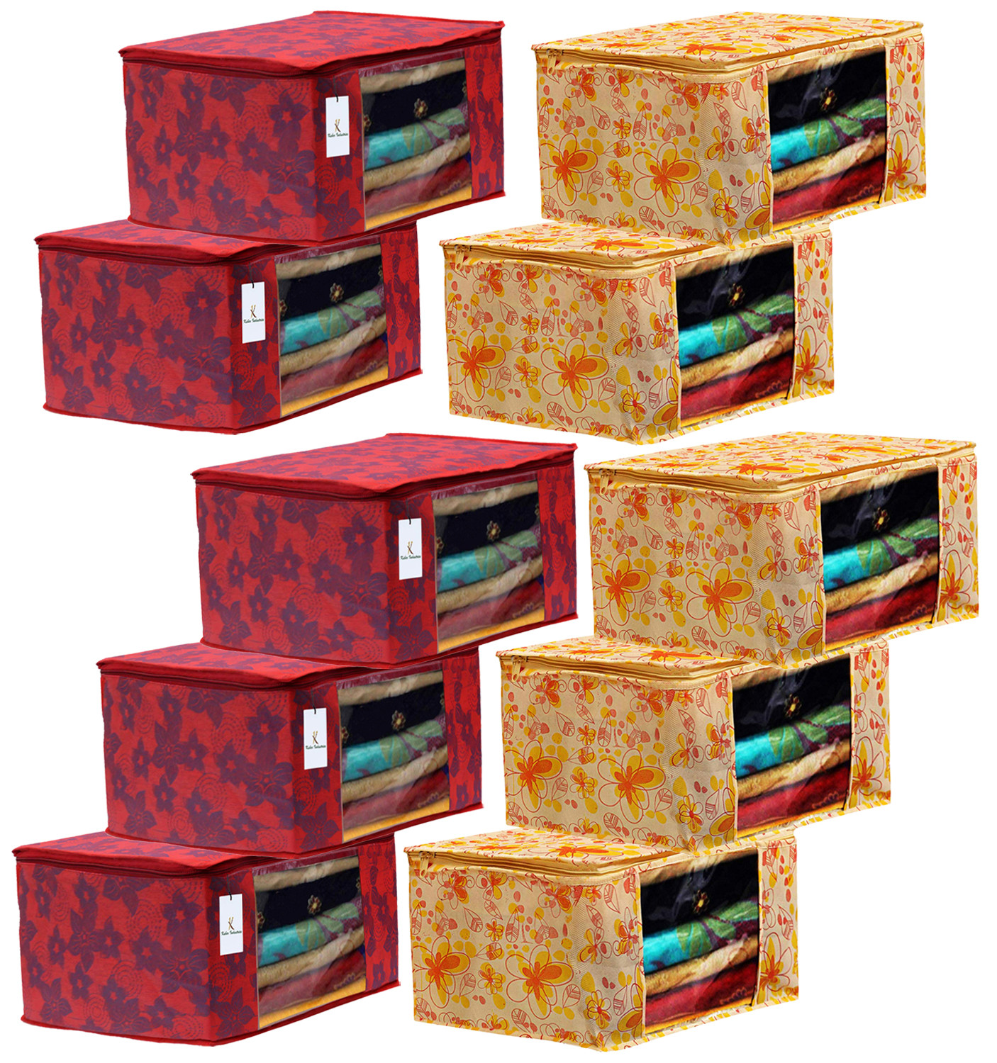 Kuber Industries Metalic Printed Non Woven Fabric Saree Cover Set with Transparent Window, Extra Large, Ivory Red & Red -CTKTC40769