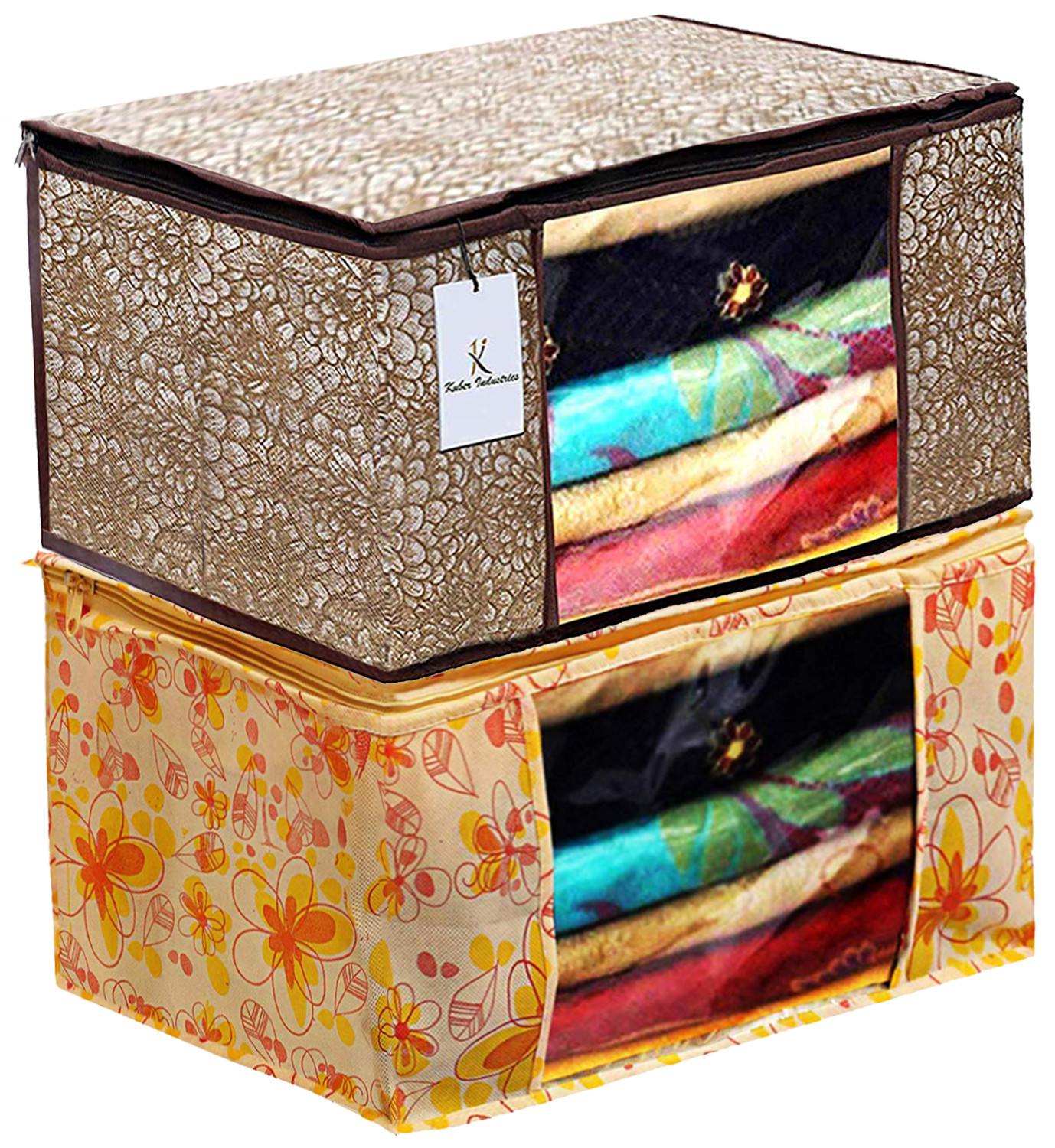 Kuber Industries Metalic Printed Non Woven Fabric Saree Cover Set with Transparent Window, Extra Large, Ivory Red & Golden Brown -CTKTC40771