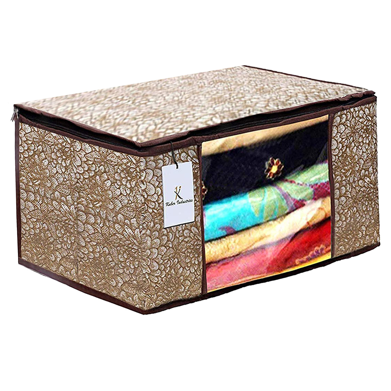Kuber Industries Metalic Printed Non Woven Fabric Saree Cover Set with Transparent Window, Extra Large, Ivory Red & Golden Brown -CTKTC40771