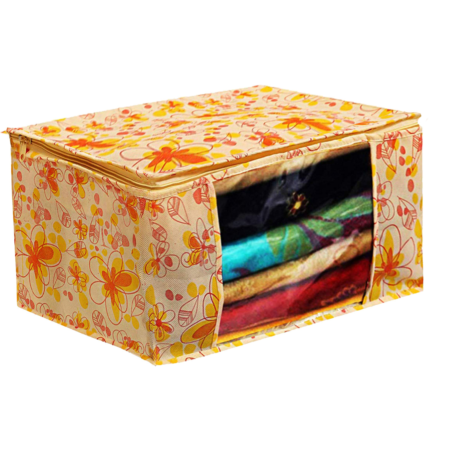 Kuber Industries Metalic Printed Non Woven Fabric Saree Cover Set with Transparent Window, Extra Large, Ivory Red & Golden Brown -CTKTC40771