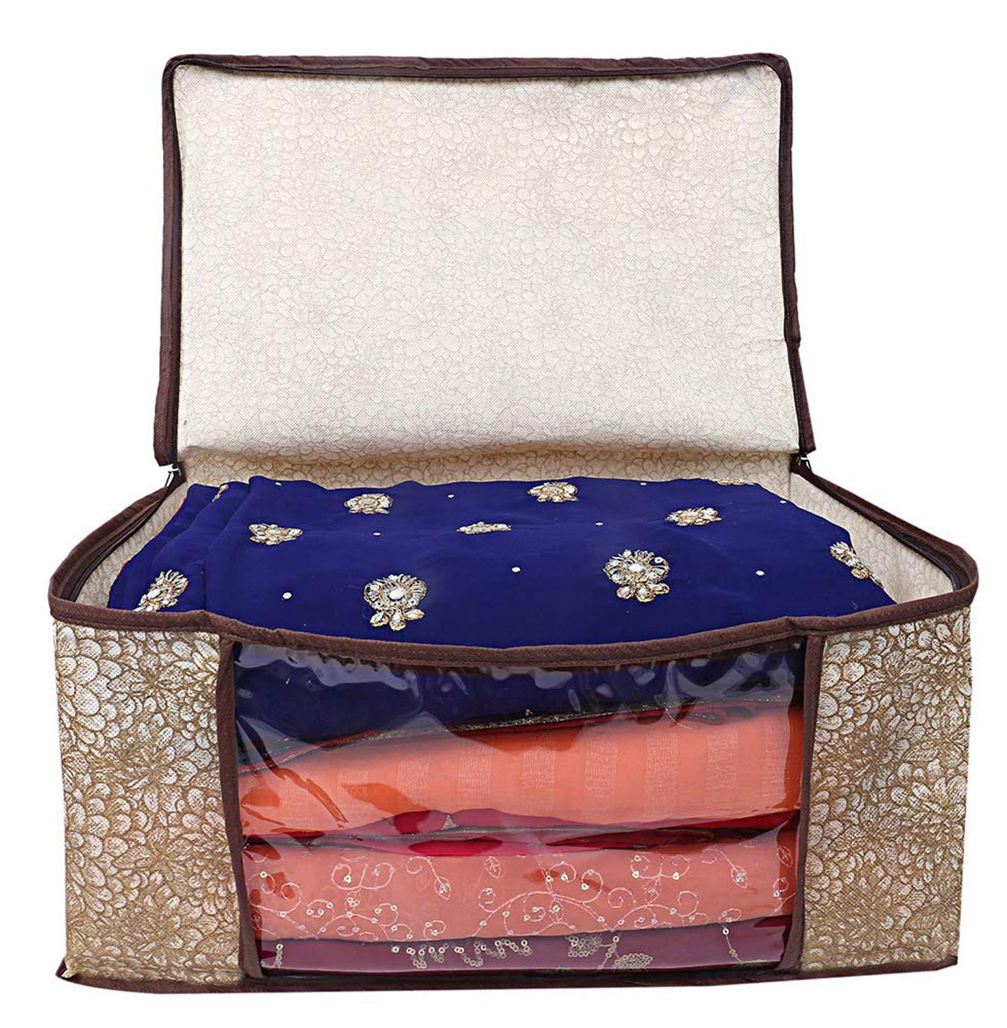 Kuber Industries Metalic Printed Non Woven Fabric Saree Cover Set with Transparent Window, Extra Large, Ivory Red & Golden Brown -CTKTC40771