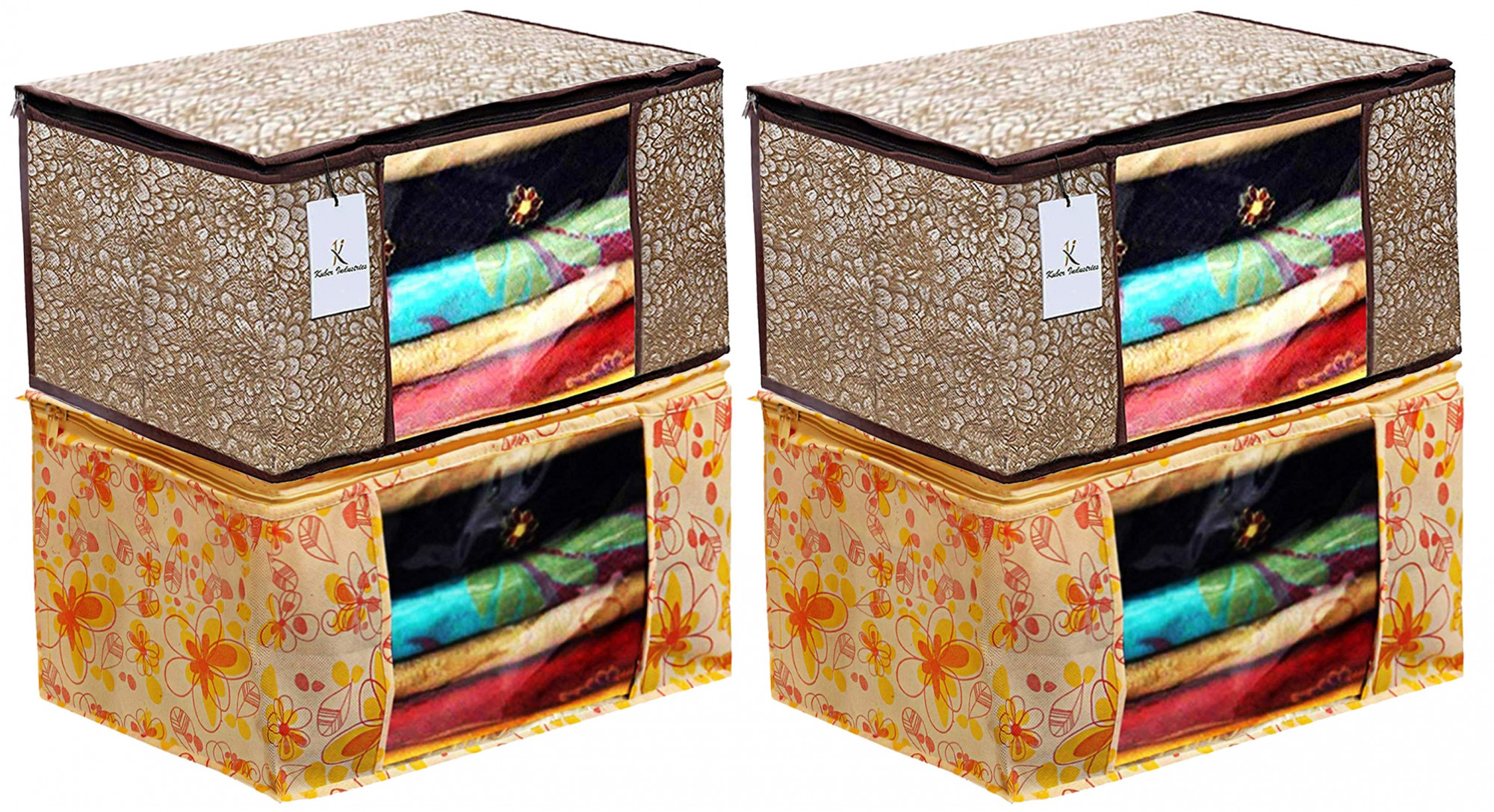 Kuber Industries Metalic Printed Non Woven Fabric Saree Cover Set with Transparent Window, Extra Large, Ivory Red & Golden Brown -CTKTC40771
