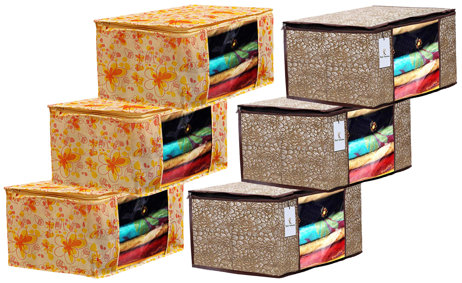 Kuber Industries Metalic Printed Non Woven Fabric Saree Cover Set with Transparent Window, Extra Large, Ivory Red & Golden Brown -CTKTC40771