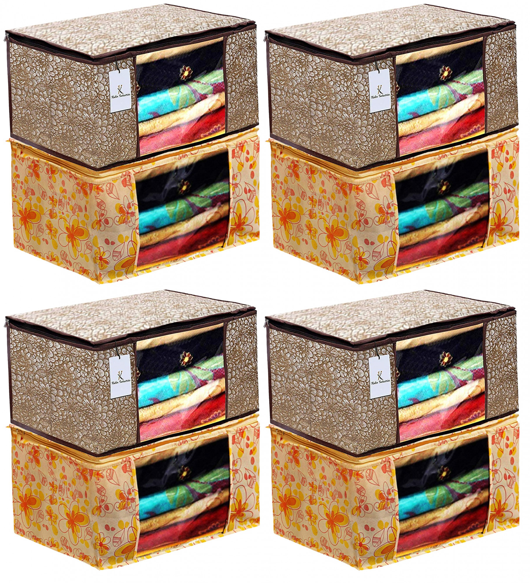 Kuber Industries Metalic Printed Non Woven Fabric Saree Cover Set with Transparent Window, Extra Large, Ivory Red & Golden Brown -CTKTC40771