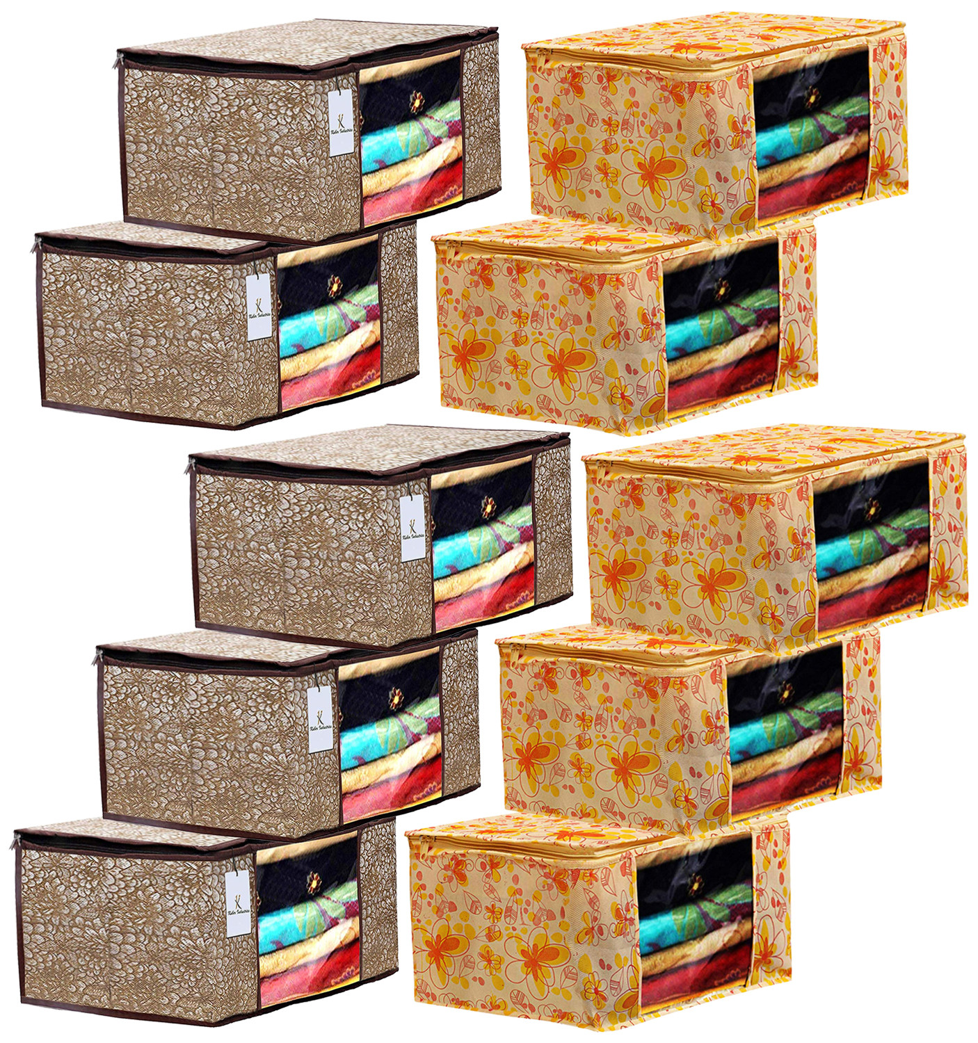 Kuber Industries Metalic Printed Non Woven Fabric Saree Cover Set with Transparent Window, Extra Large, Ivory Red & Golden Brown -CTKTC40771