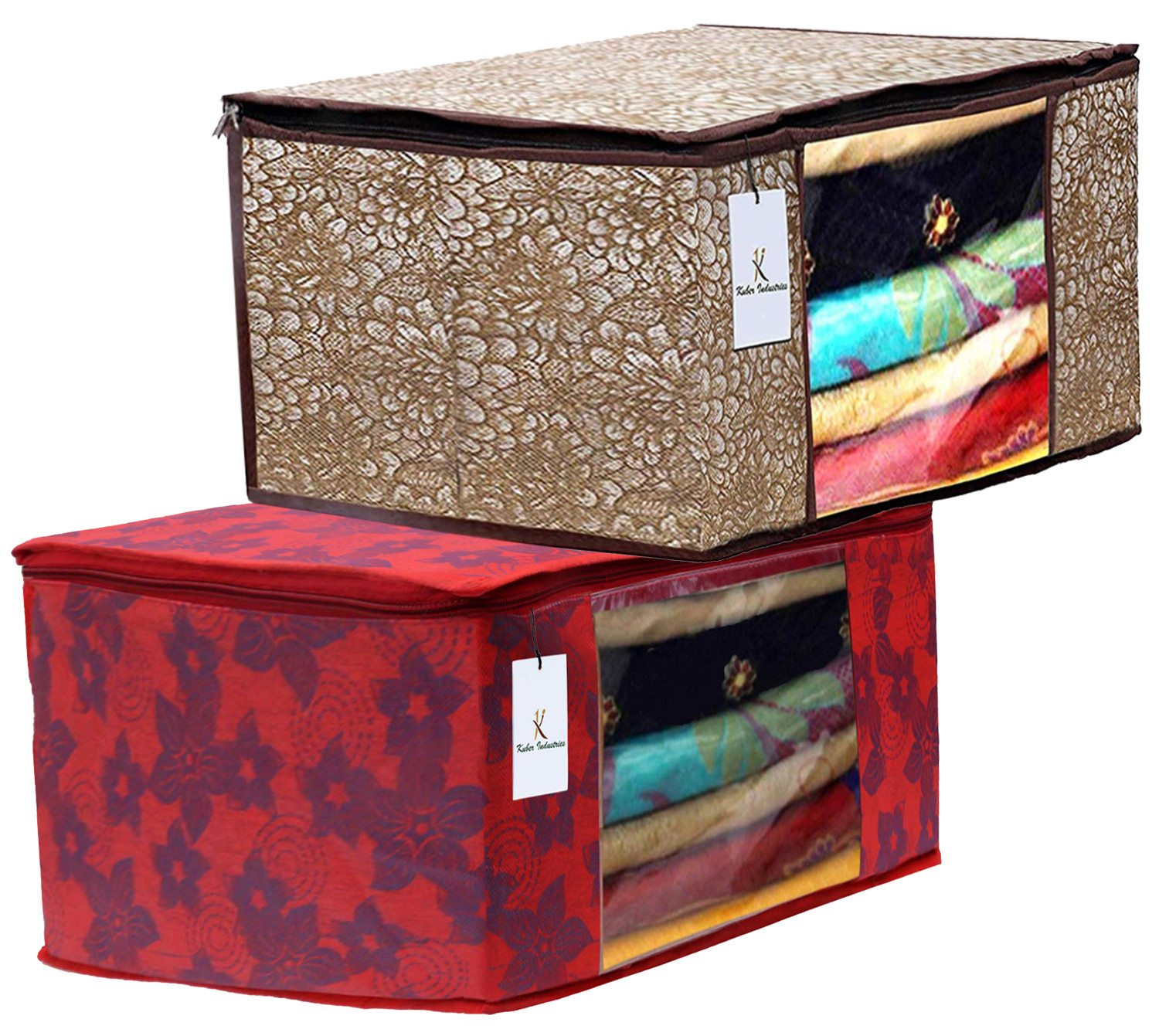 Kuber Industries Metalic Printed Non Woven Fabric Saree Cover Set with Transparent Window, Extra Large, Golden Brown & Red -CTKTC40773