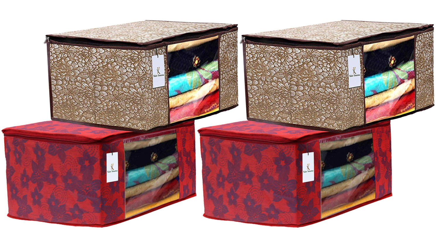 Kuber Industries Metalic Printed Non Woven Fabric Saree Cover Set with Transparent Window, Extra Large, Golden Brown & Red -CTKTC40773
