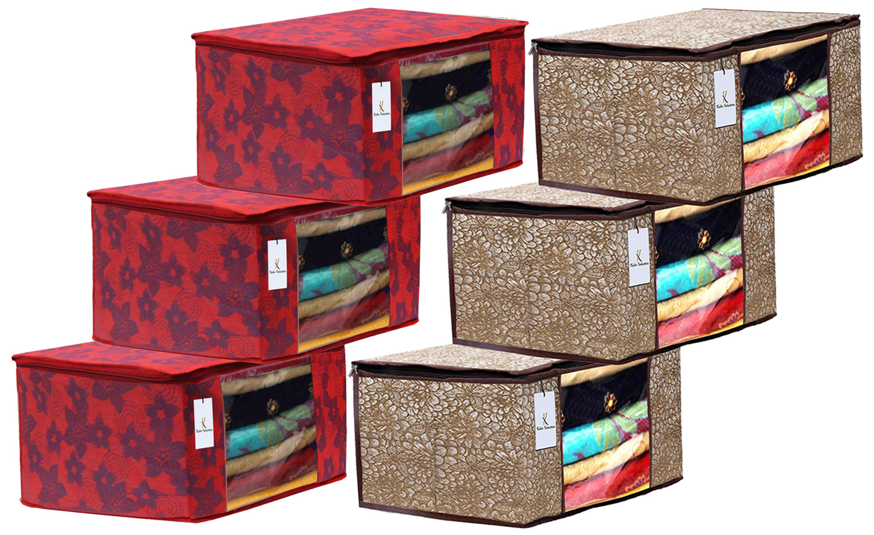 Kuber Industries Metalic Printed Non Woven Fabric Saree Cover Set with Transparent Window, Extra Large, Golden Brown & Red -CTKTC40773