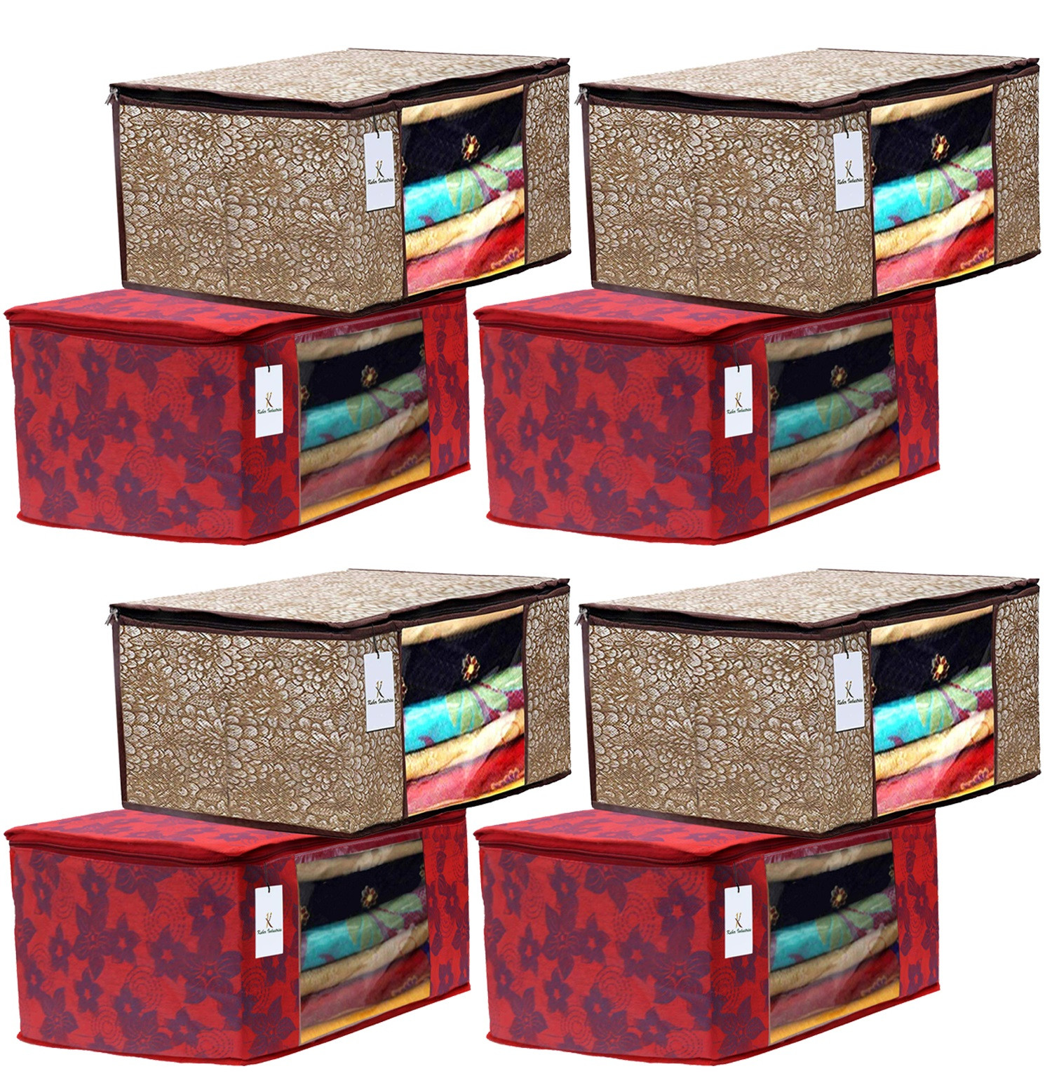 Kuber Industries Metalic Printed Non Woven Fabric Saree Cover Set with Transparent Window, Extra Large, Golden Brown & Red -CTKTC40773