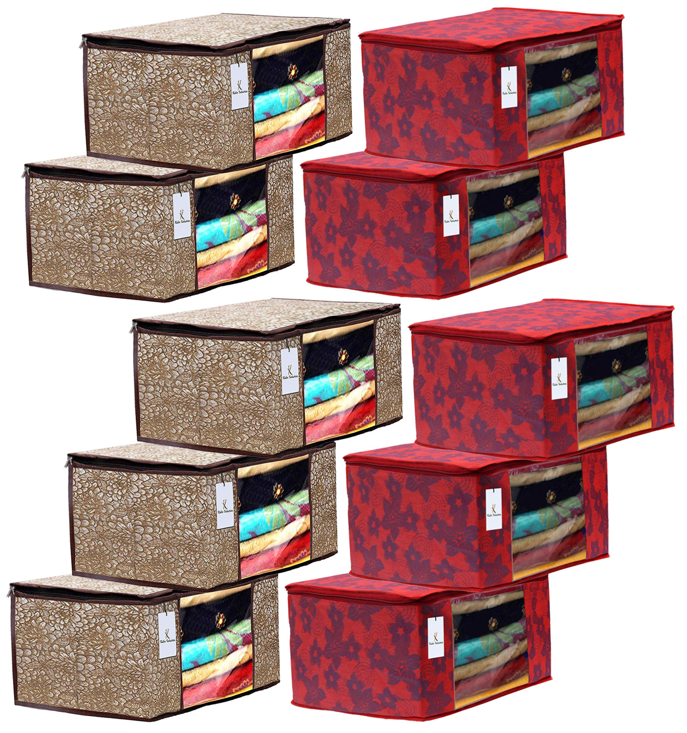 Kuber Industries Metalic Printed Non Woven Fabric Saree Cover Set with Transparent Window, Extra Large, Golden Brown & Red -CTKTC40773