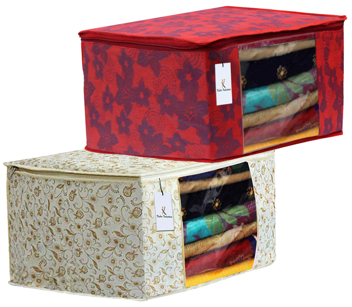 Kuber Industries Metalic Printed Non Woven Fabric Saree Cover Set with Transparent Window, Extra Large, Brown & Red -CTKTC40775
