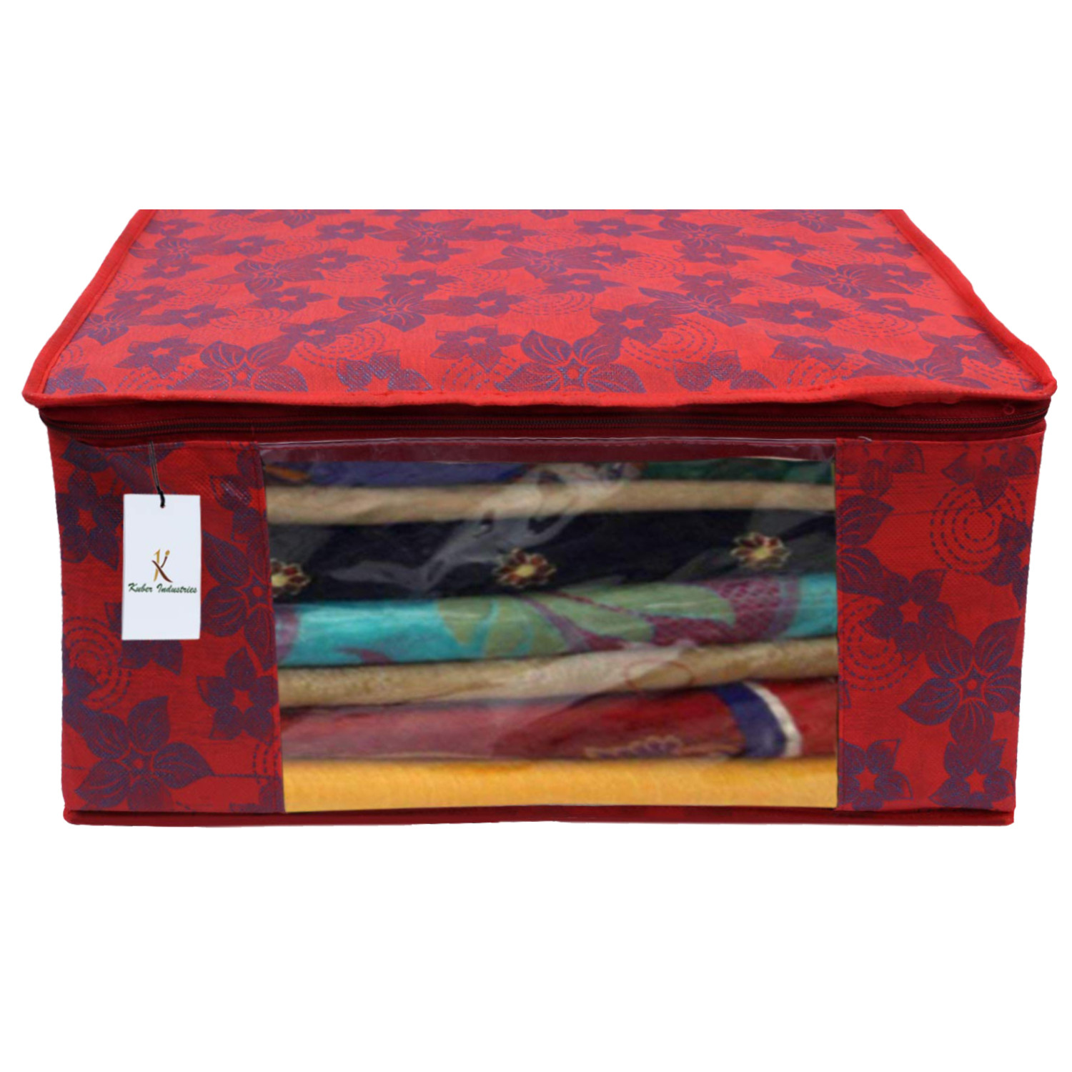 Kuber Industries Metalic Printed Non Woven Fabric Saree Cover Set with Transparent Window, Extra Large, Brown & Red -CTKTC40775