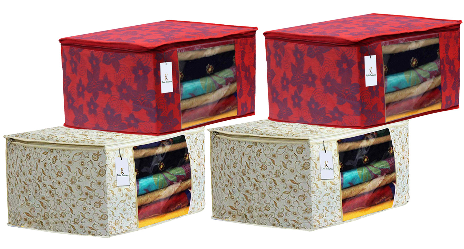 Kuber Industries Metalic Printed Non Woven Fabric Saree Cover Set with Transparent Window, Extra Large, Brown & Red -CTKTC40775