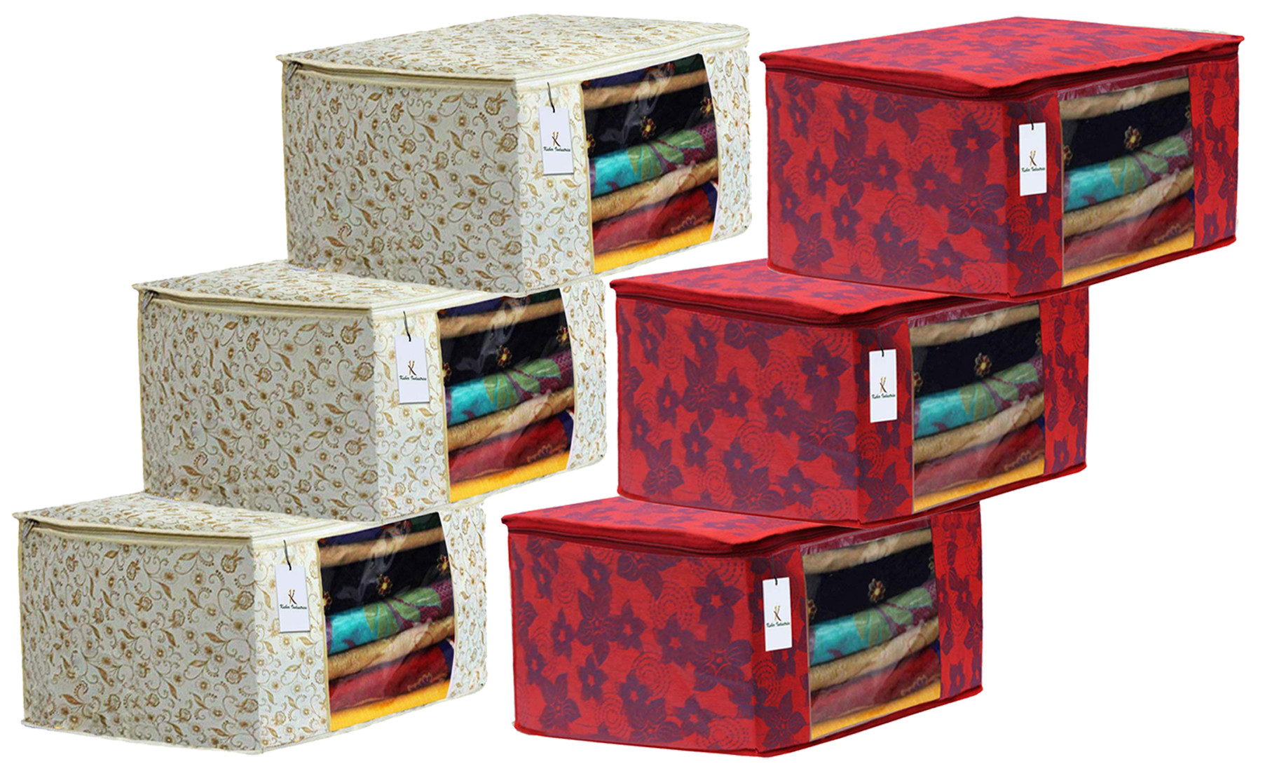 Kuber Industries Metalic Printed Non Woven Fabric Saree Cover Set with Transparent Window, Extra Large, Brown & Red -CTKTC40775