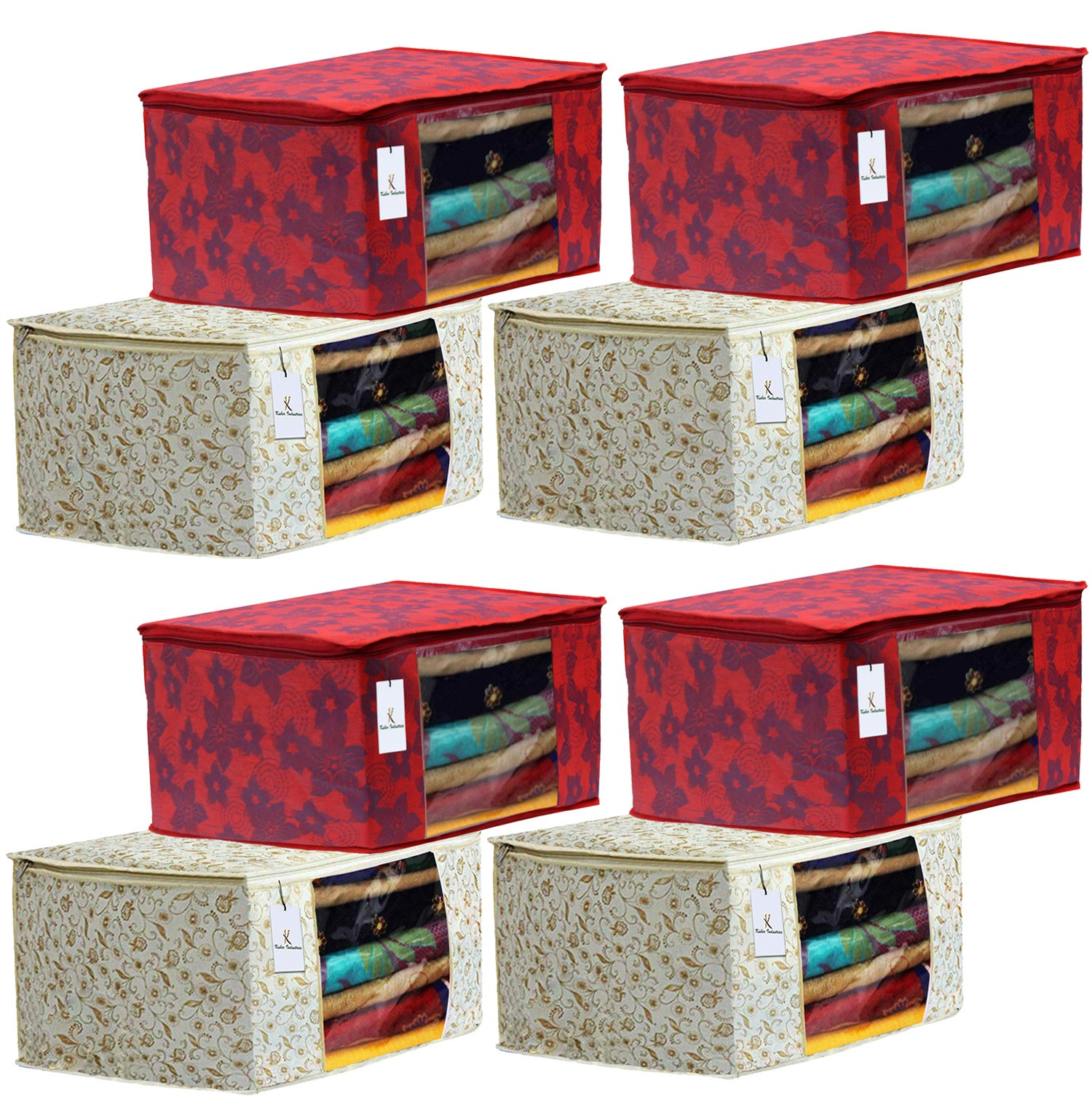 Kuber Industries Metalic Printed Non Woven Fabric Saree Cover Set with Transparent Window, Extra Large, Brown & Red -CTKTC40775