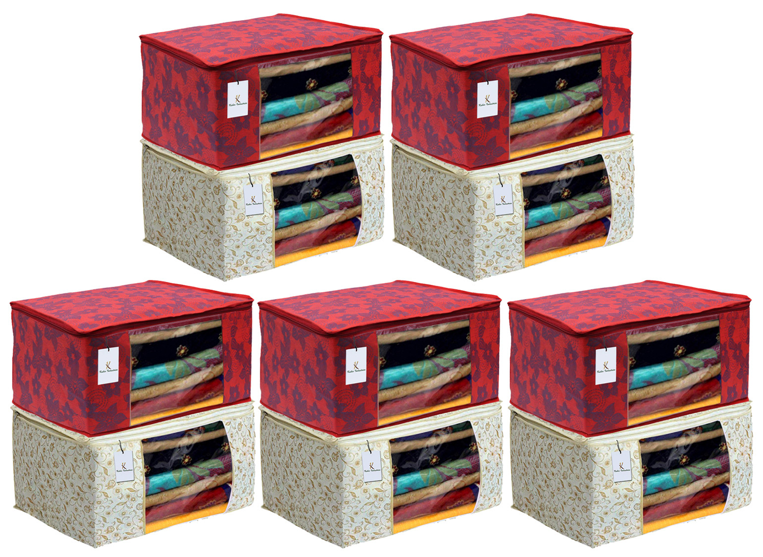 Kuber Industries Metalic Printed Non Woven Fabric Saree Cover Set with Transparent Window, Extra Large, Brown & Red -CTKTC40775