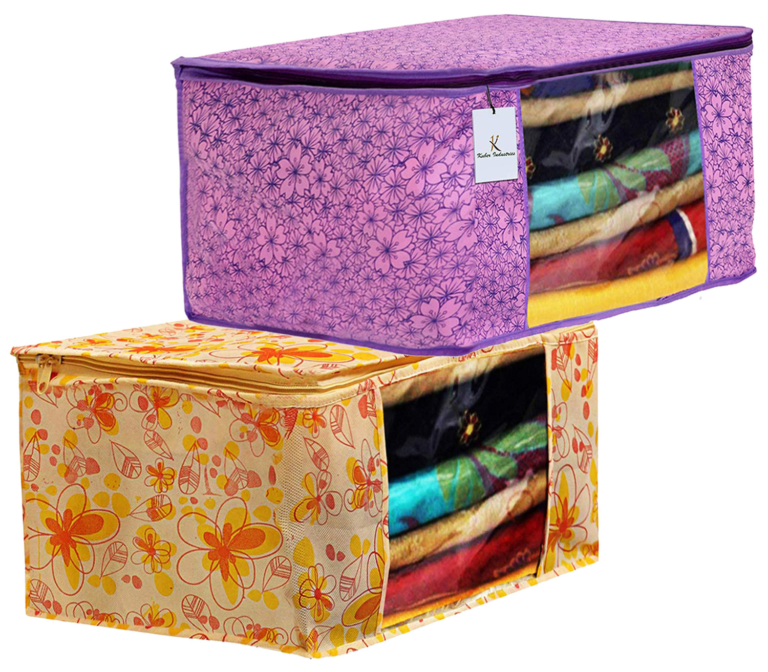 Kuber Industries Metalic Printed Non Woven Fabric Saree Cover Set with Transparent Window, Extra Large, Pink Purple & Ivory Red -CTKTC40777