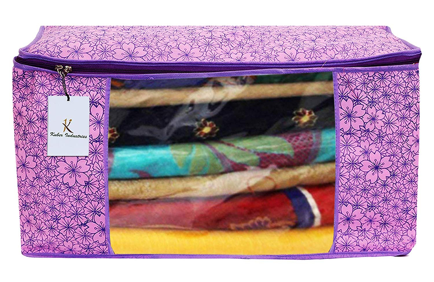 Kuber Industries Metalic Printed Non Woven Fabric Saree Cover Set with Transparent Window, Extra Large, Pink Purple & Ivory Red -CTKTC40777