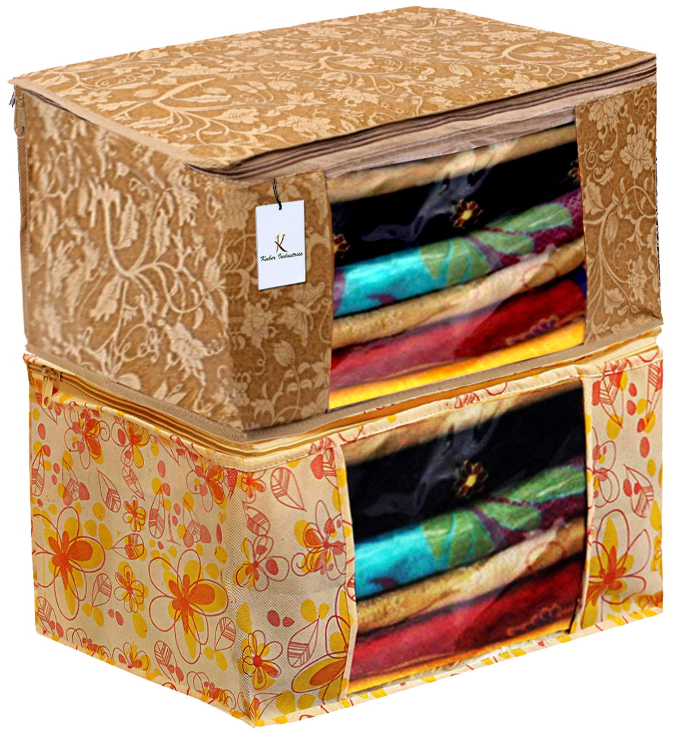 Kuber Industries Metalic Printed Non Woven Fabric Saree Cover Set with Transparent Window, Extra Large, Beige & Ivory Red -CTKTC40779