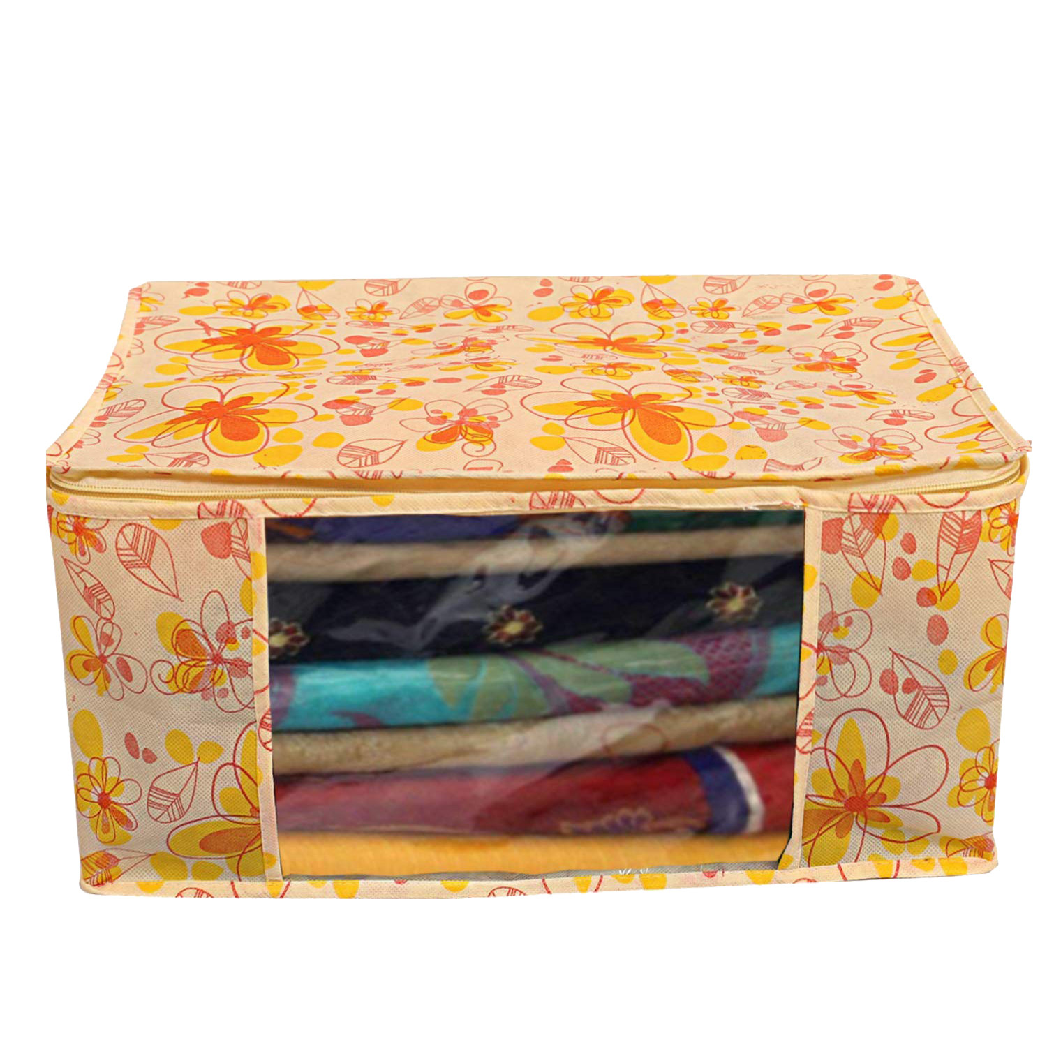 Kuber Industries Metalic Printed Non Woven Fabric Saree Cover Set with Transparent Window, Extra Large, Beige & Ivory Red -CTKTC40779