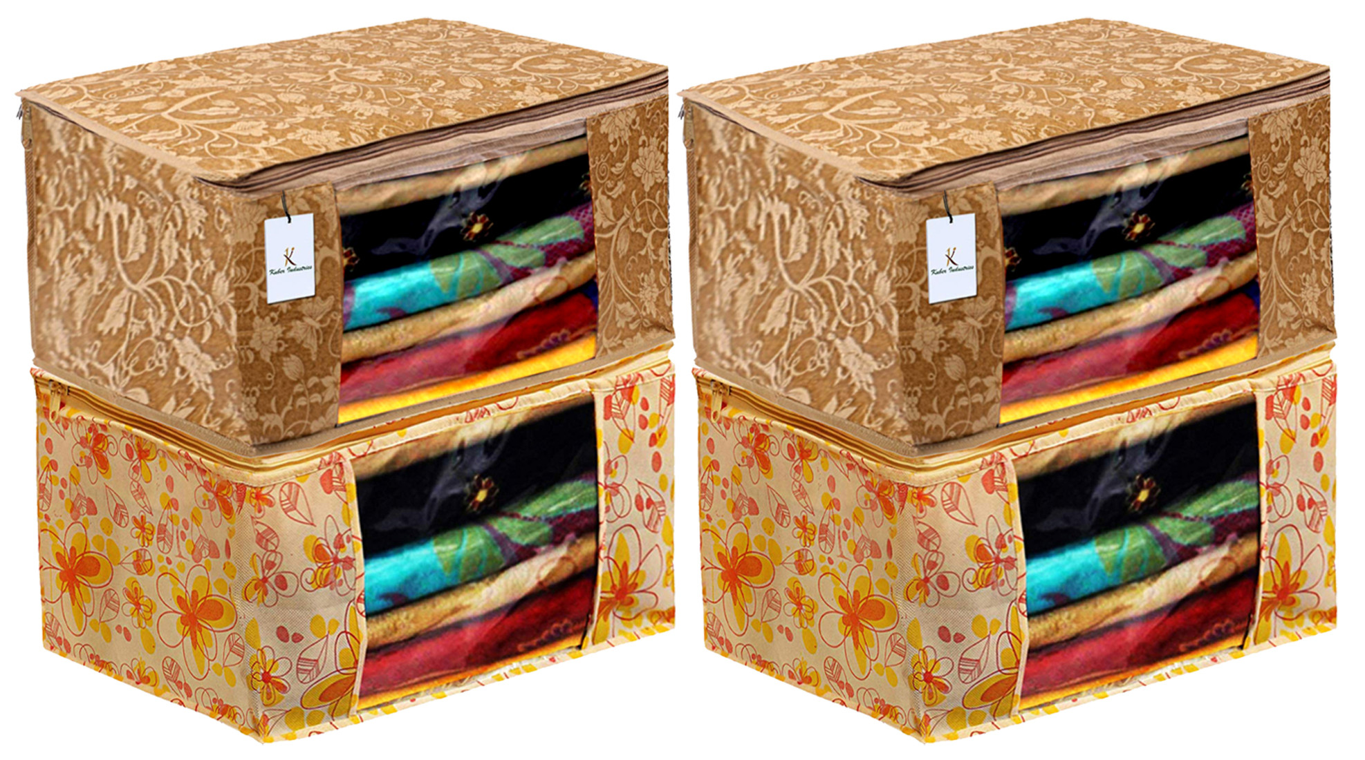 Kuber Industries Metalic Printed Non Woven Fabric Saree Cover Set with Transparent Window, Extra Large, Beige & Ivory Red -CTKTC40779