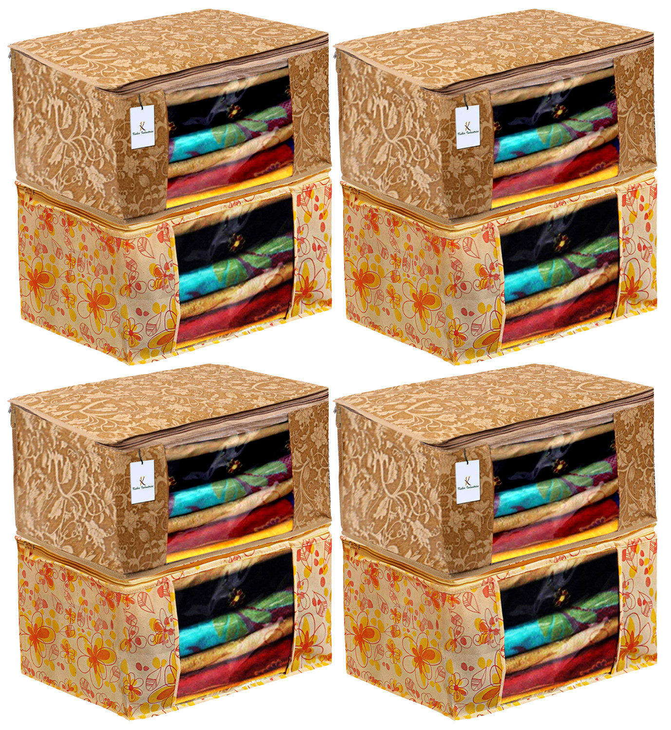 Kuber Industries Metalic Printed Non Woven Fabric Saree Cover Set with Transparent Window, Extra Large, Beige & Ivory Red -CTKTC40779