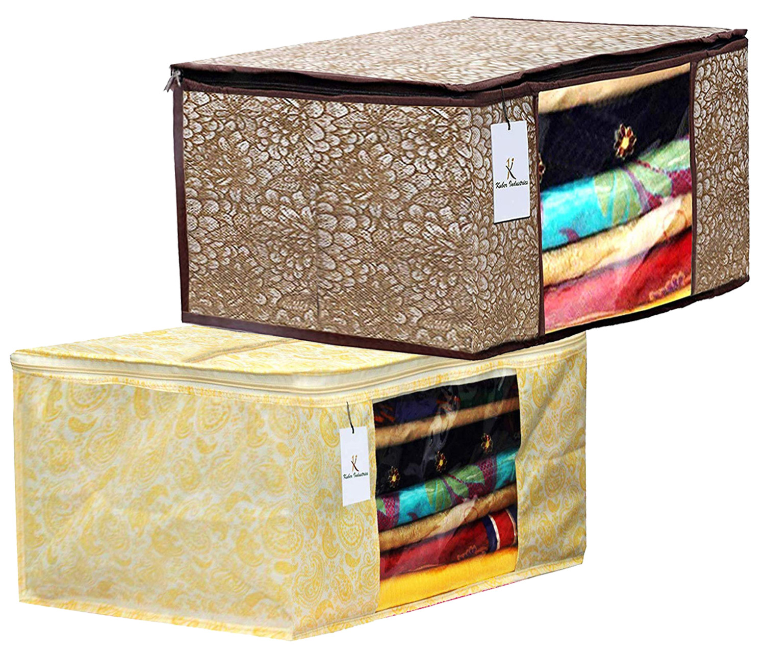 Kuber Industries Metalic Printed Non Woven Fabric Saree Cover Set with Transparent Window, Extra Large, Golden Brown & Gold -CTKTC40781