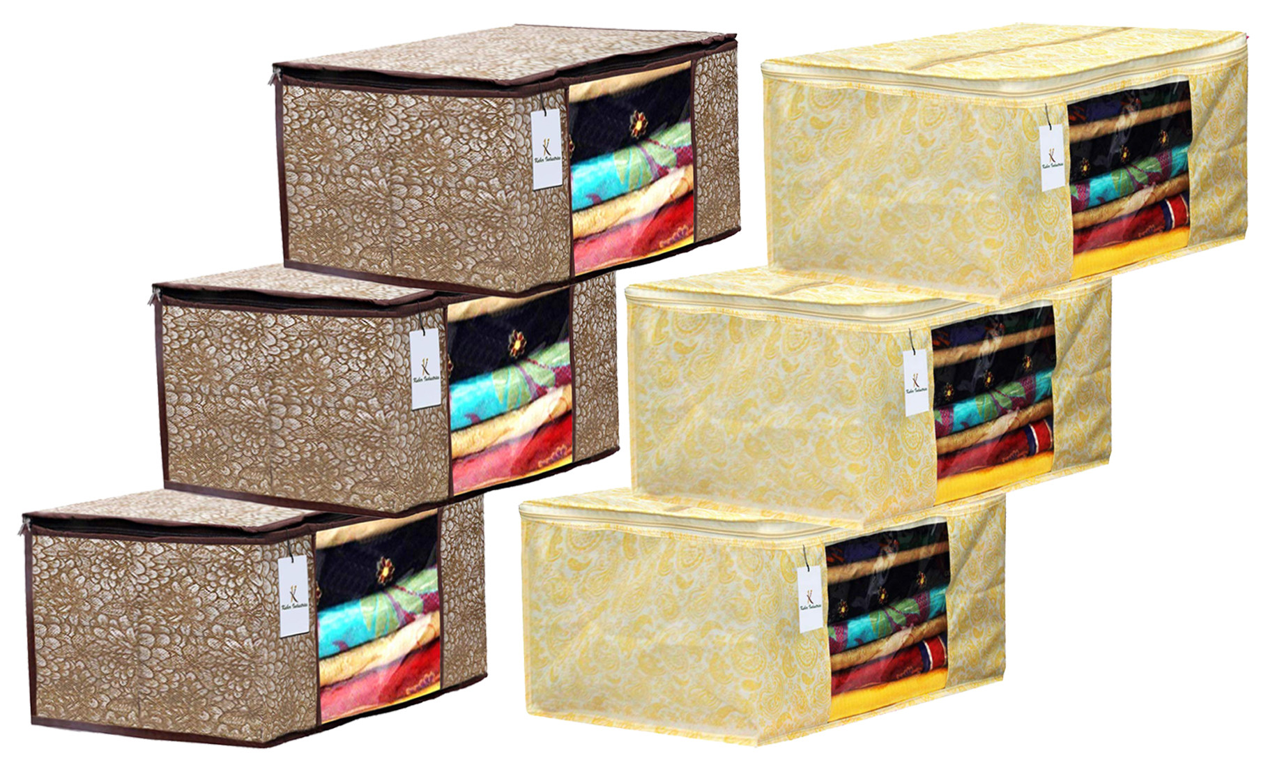 Kuber Industries Metalic Printed Non Woven Fabric Saree Cover Set with Transparent Window, Extra Large, Golden Brown & Gold -CTKTC40781