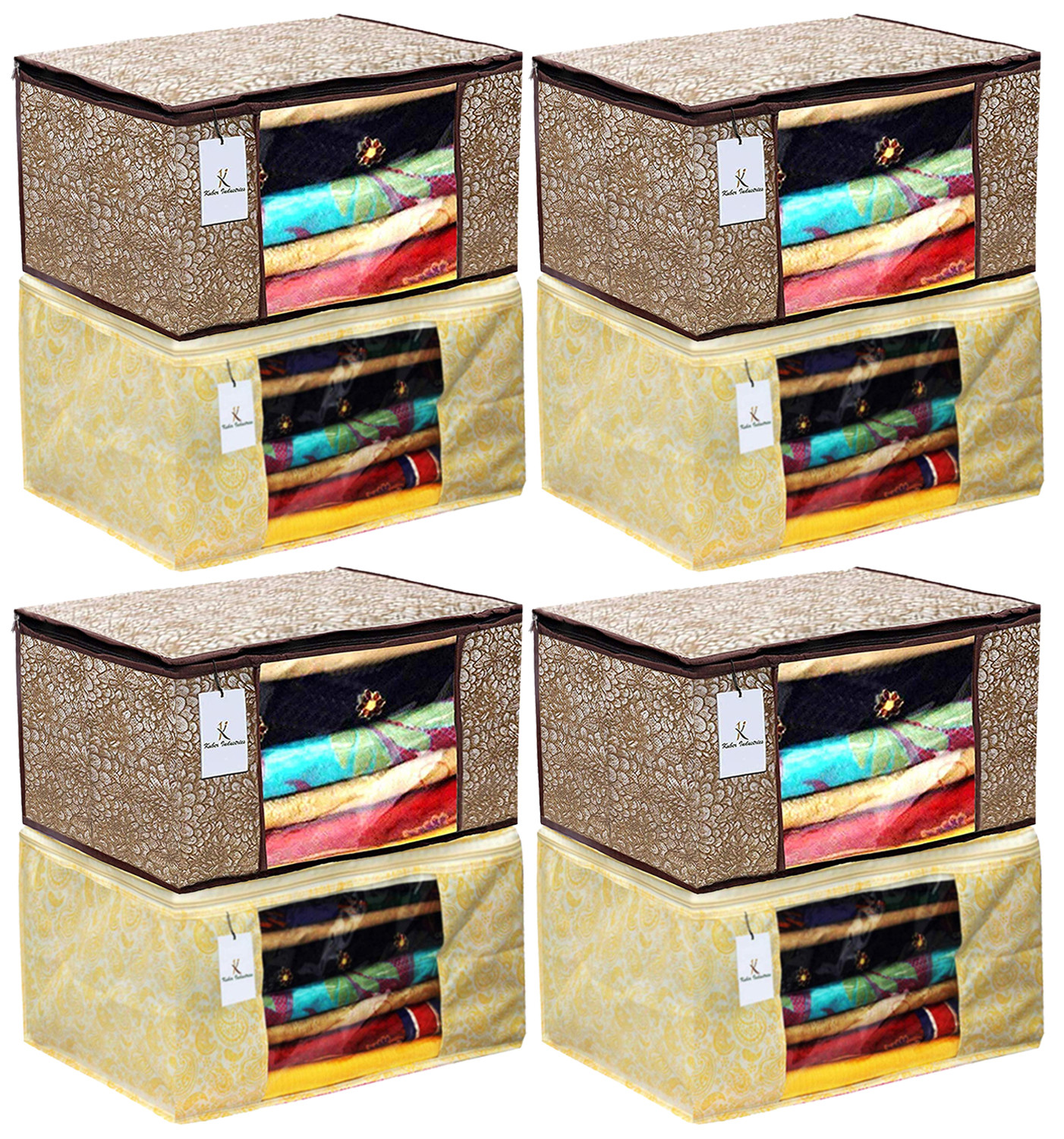 Kuber Industries Metalic Printed Non Woven Fabric Saree Cover Set with Transparent Window, Extra Large, Golden Brown & Gold -CTKTC40781