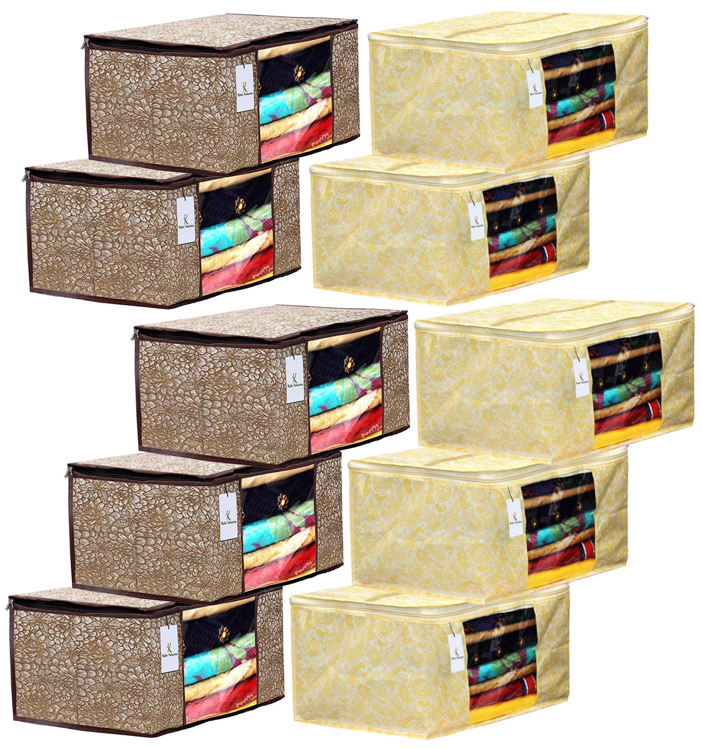 Kuber Industries Metalic Printed Non Woven Fabric Saree Cover Set with Transparent Window, Extra Large, Golden Brown & Gold -CTKTC40781