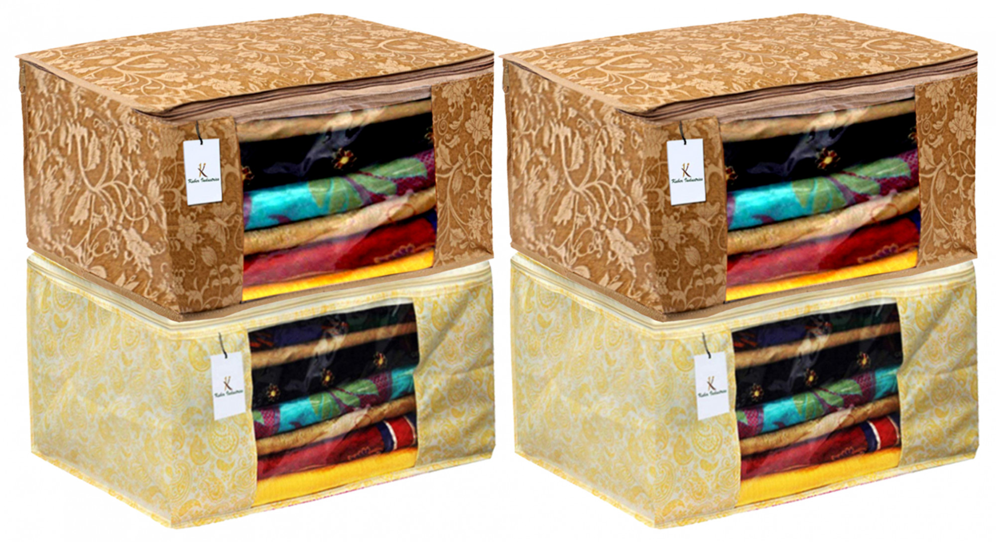 Kuber Industries Metalic Printed Non Woven Fabric Saree Cover Set with Transparent Window, Extra Large, Gold & Beige -CTKTC40783
