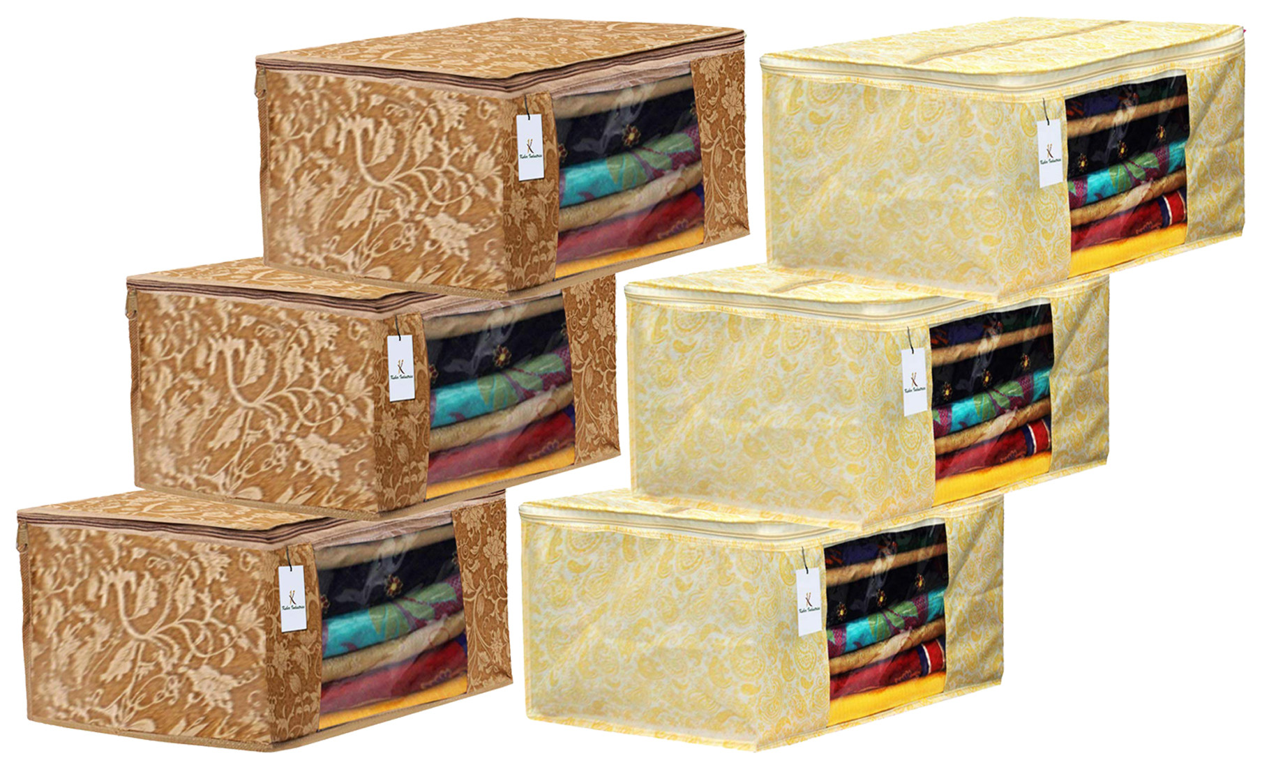 Kuber Industries Metalic Printed Non Woven Fabric Saree Cover Set with Transparent Window, Extra Large, Gold & Beige -CTKTC40783