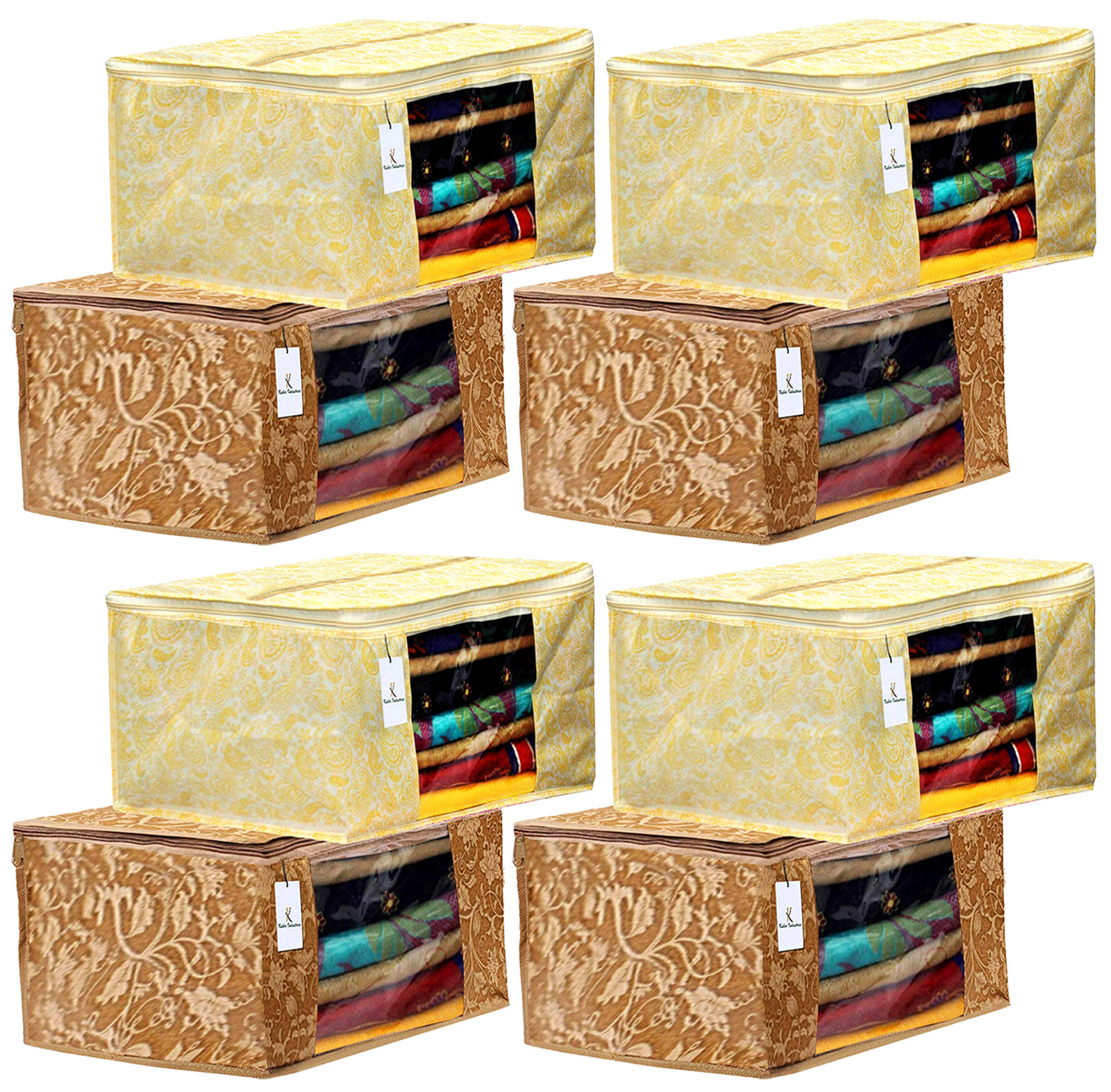 Kuber Industries Metalic Printed Non Woven Fabric Saree Cover Set with Transparent Window, Extra Large, Gold & Beige -CTKTC40783