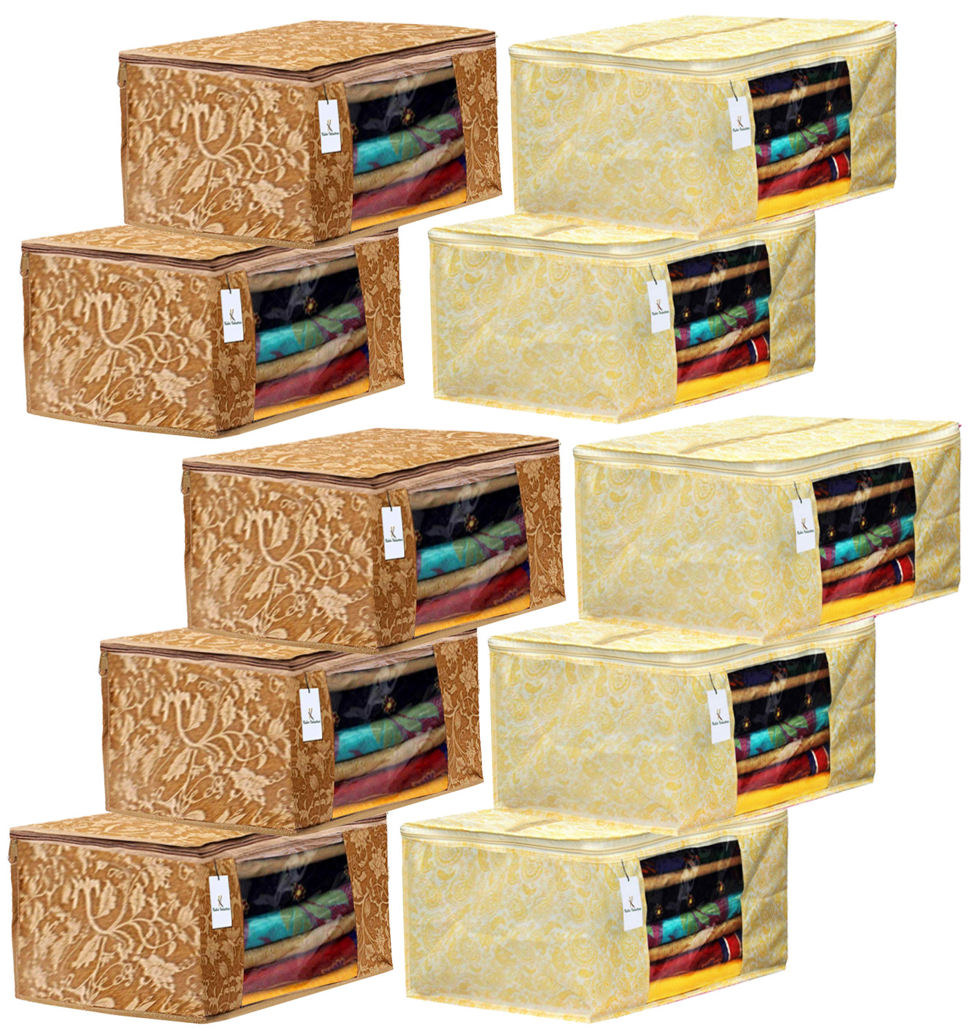 Kuber Industries Metalic Printed Non Woven Fabric Saree Cover Set with Transparent Window, Extra Large, Gold & Beige -CTKTC40783