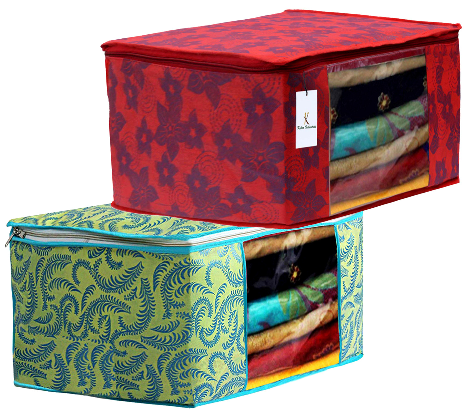 Kuber Industries Metalic Printed Non Woven Fabric Saree Cover Set with Transparent Window, Extra Large, Green & Red -CTKTC40787