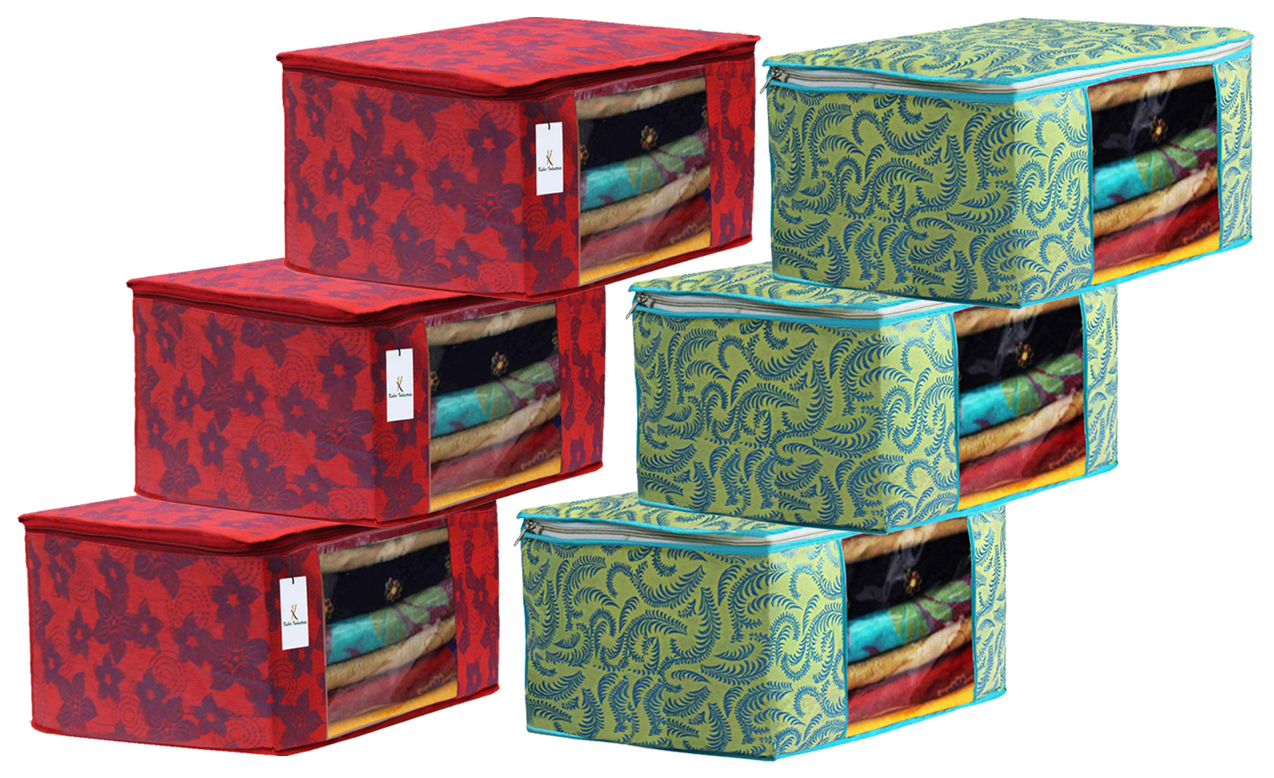Kuber Industries Metalic Printed Non Woven Fabric Saree Cover Set with Transparent Window, Extra Large, Green & Red -CTKTC40787