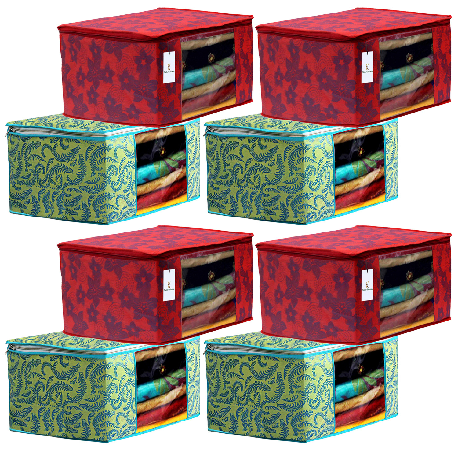 Kuber Industries Metalic Printed Non Woven Fabric Saree Cover Set with Transparent Window, Extra Large, Green & Red -CTKTC40787