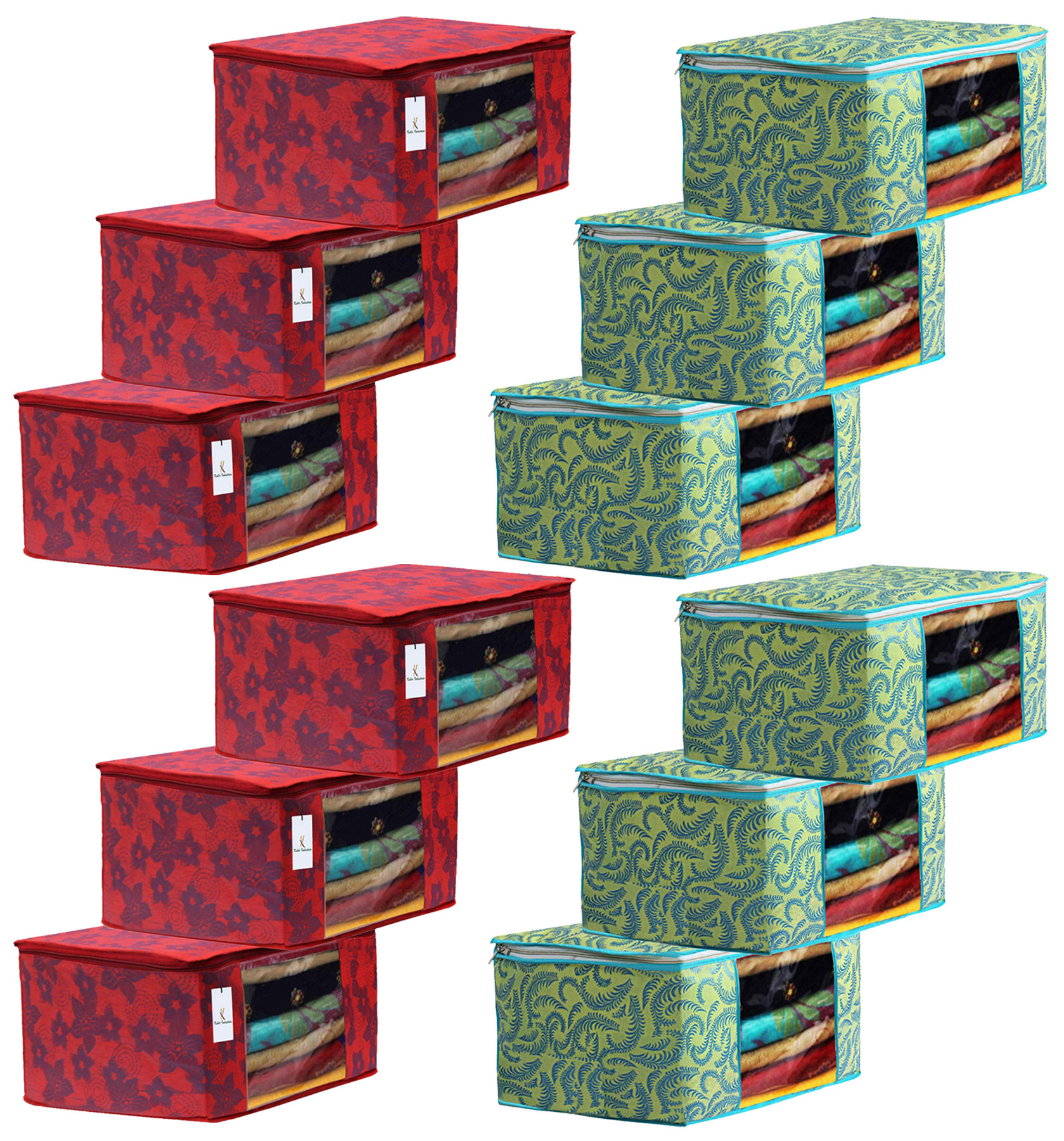 Kuber Industries Metalic Printed Non Woven Fabric Saree Cover Set with Transparent Window, Extra Large, Green & Red -CTKTC40787
