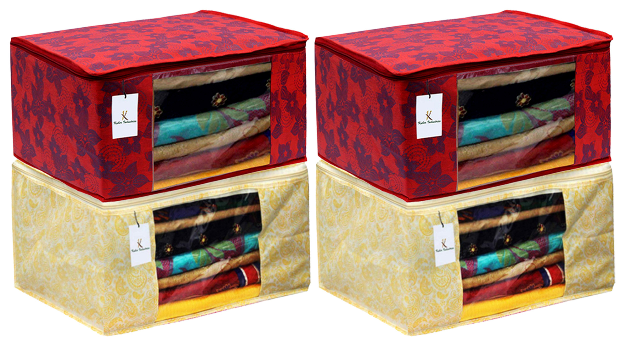 Kuber Industries Metalic Printed Non Woven Fabric Saree Cover Set with Transparent Window, Extra Large, Gold & Red -CTKTC40785