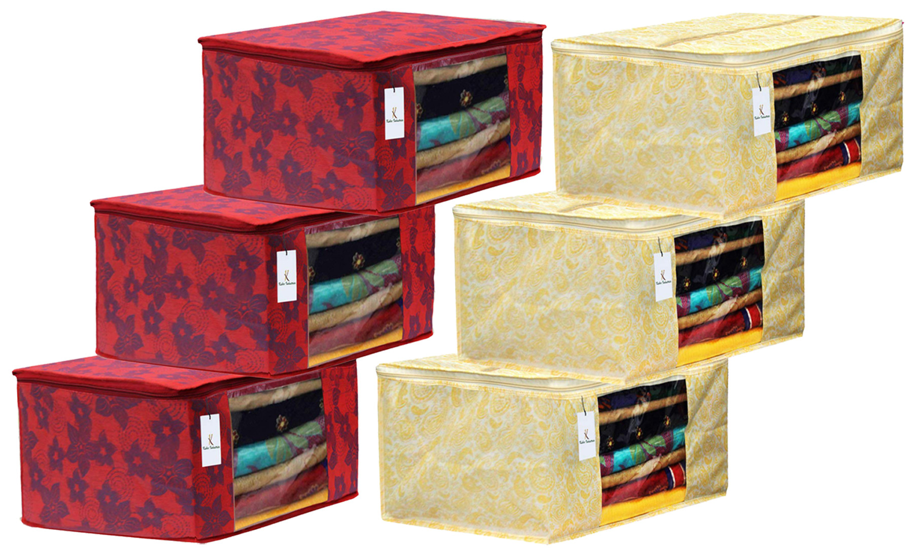 Kuber Industries Metalic Printed Non Woven Fabric Saree Cover Set with Transparent Window, Extra Large, Gold & Red -CTKTC40785