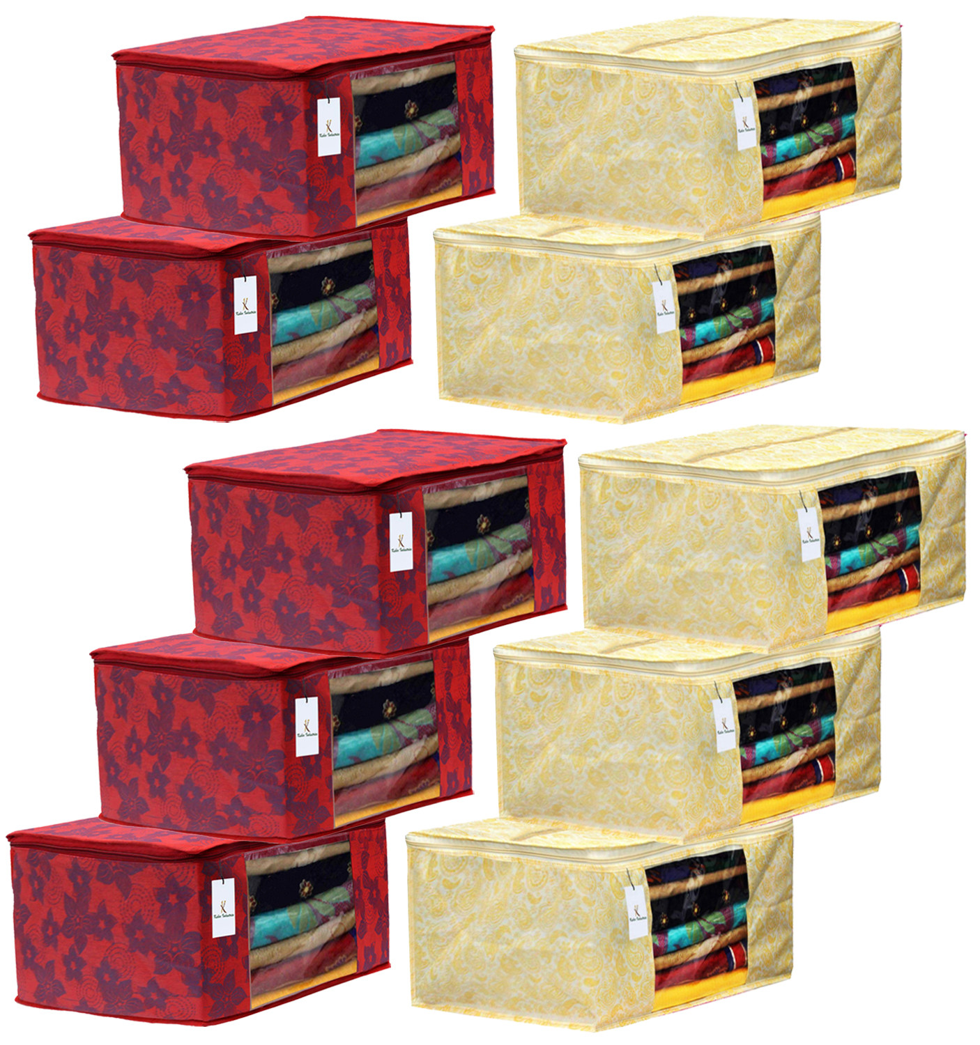 Kuber Industries Metalic Printed Non Woven Fabric Saree Cover Set with Transparent Window, Extra Large, Gold & Red -CTKTC40785