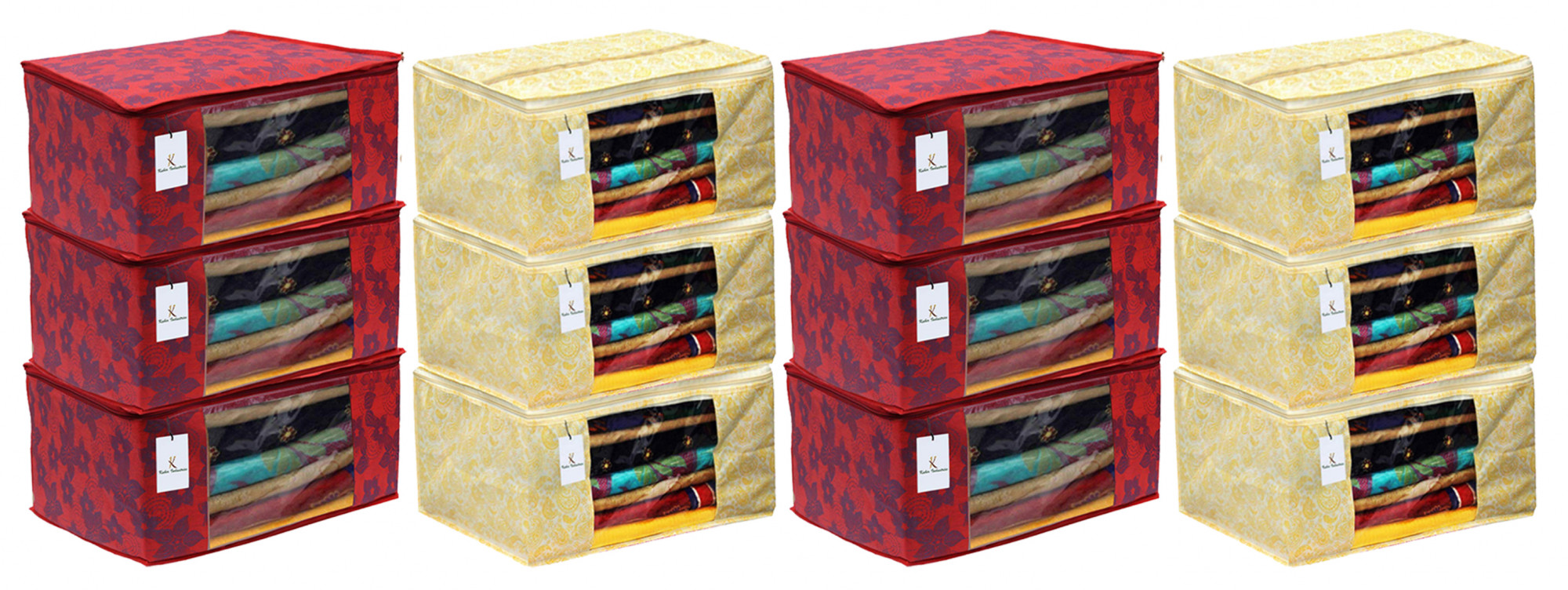 Kuber Industries Metalic Printed Non Woven Fabric Saree Cover Set with Transparent Window, Extra Large, Gold & Red -CTKTC40785