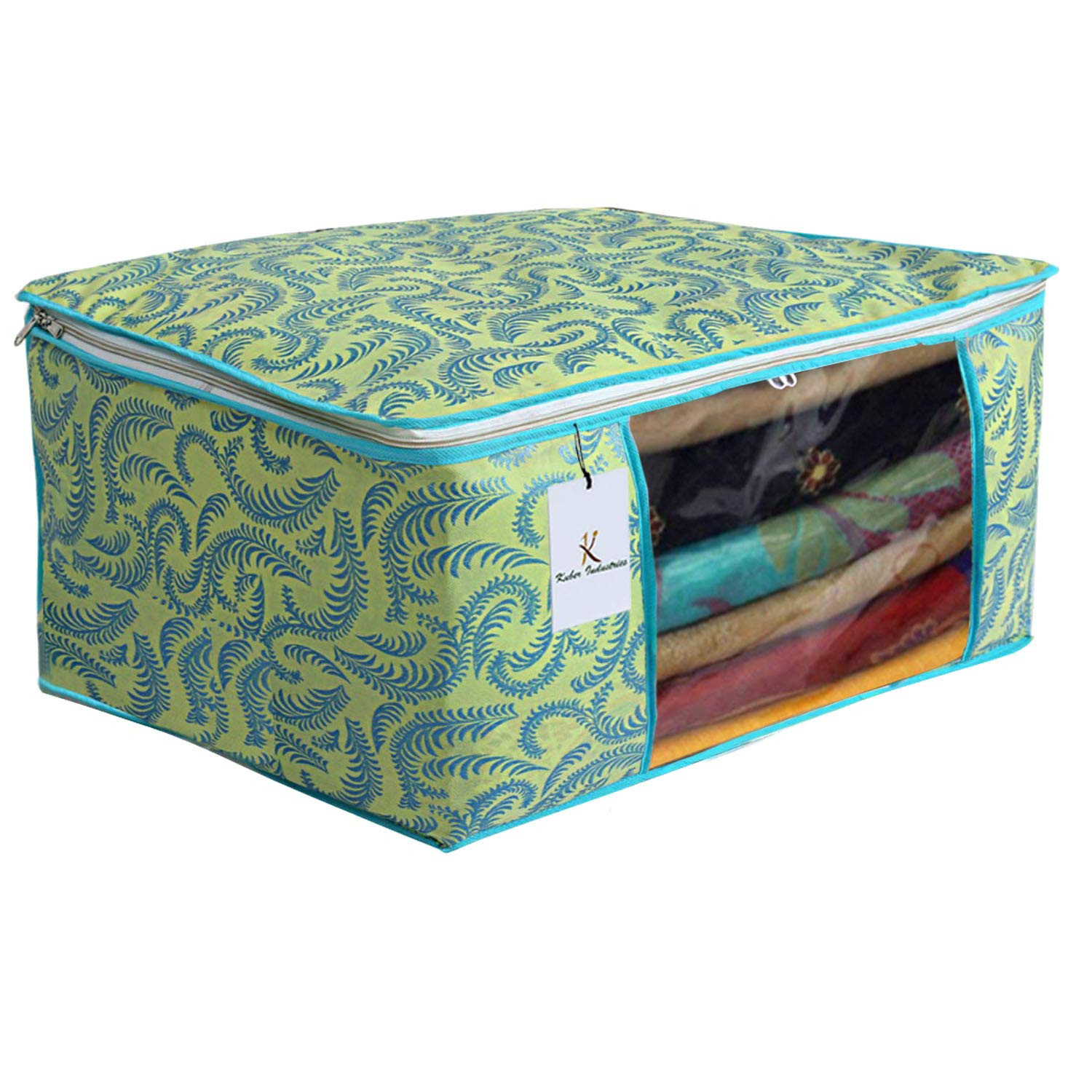 Kuber Industries Metalic Printed Non Woven Fabric Saree Cover Set with Transparent Window, Extra Large, Green & Gold -CTKTC40789
