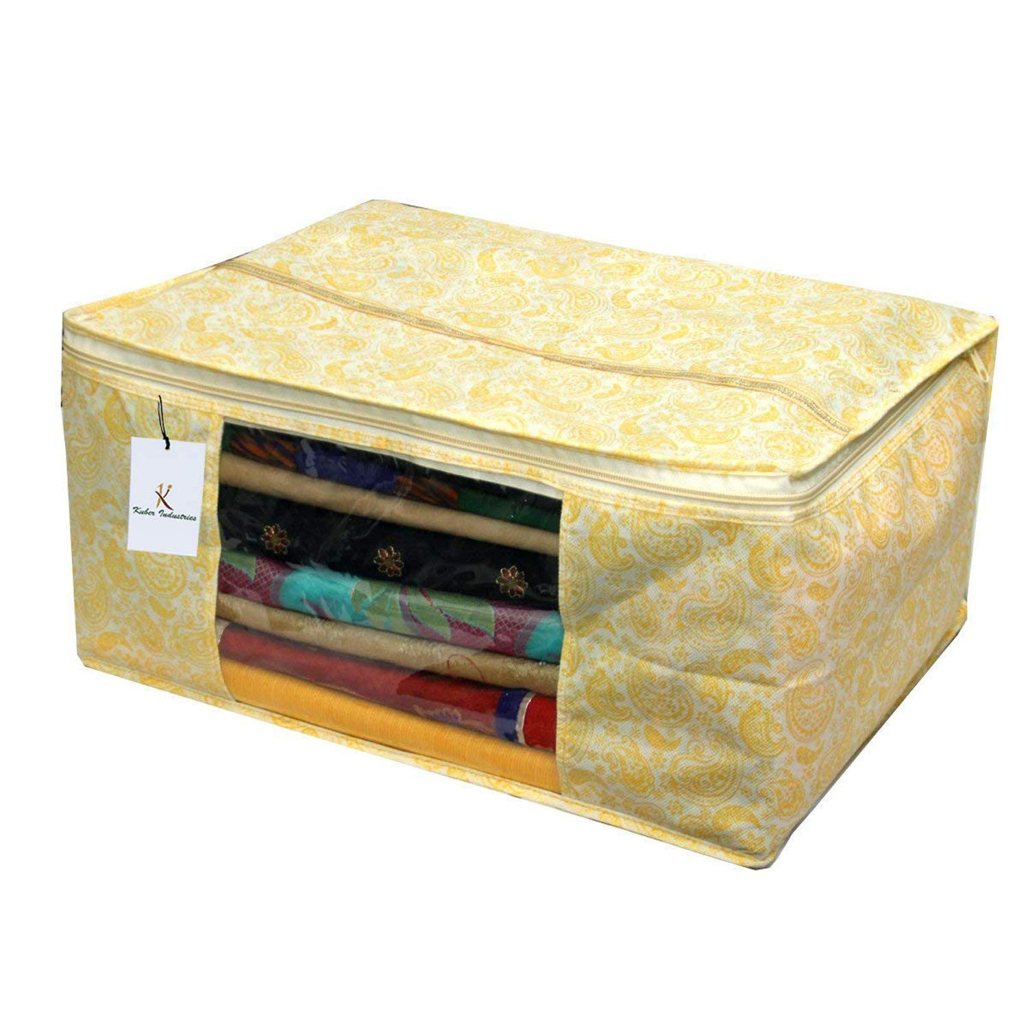 Kuber Industries Metalic Printed Non Woven Fabric Saree Cover Set with Transparent Window, Extra Large, Green & Gold -CTKTC40789