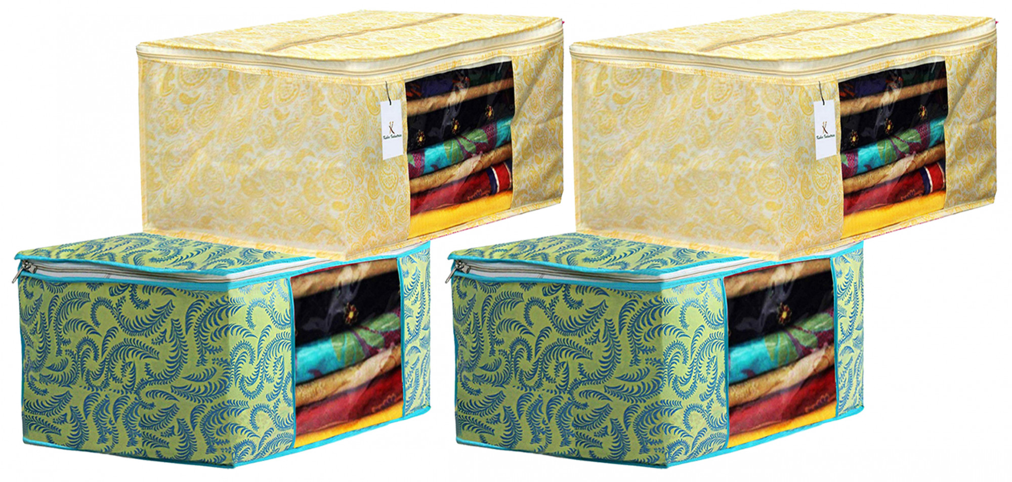 Kuber Industries Metalic Printed Non Woven Fabric Saree Cover Set with Transparent Window, Extra Large, Green & Gold -CTKTC40789