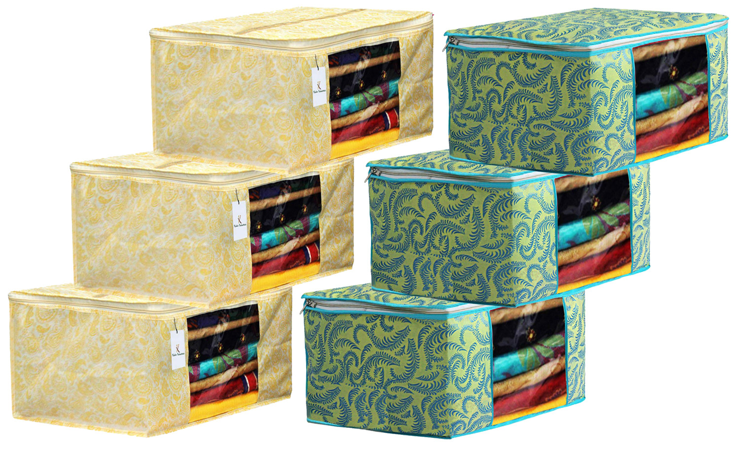Kuber Industries Metalic Printed Non Woven Fabric Saree Cover Set with Transparent Window, Extra Large, Green & Gold -CTKTC40789