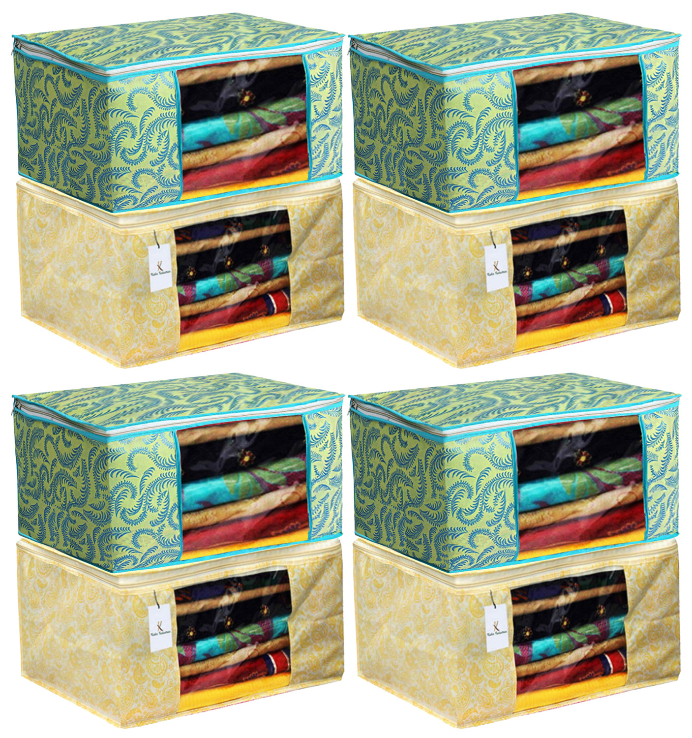 Kuber Industries Metalic Printed Non Woven Fabric Saree Cover Set with Transparent Window, Extra Large, Green & Gold -CTKTC40789