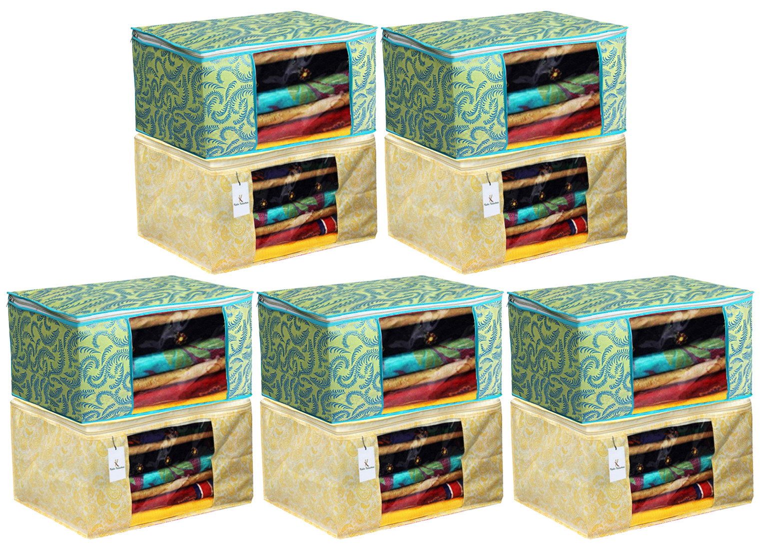 Kuber Industries Metalic Printed Non Woven Fabric Saree Cover Set with Transparent Window, Extra Large, Green & Gold -CTKTC40789