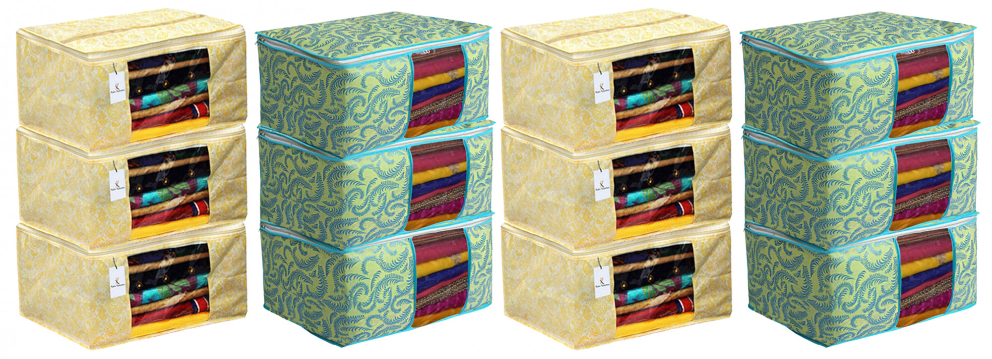 Kuber Industries Metalic Printed Non Woven Fabric Saree Cover Set with Transparent Window, Extra Large, Green & Gold -CTKTC40789